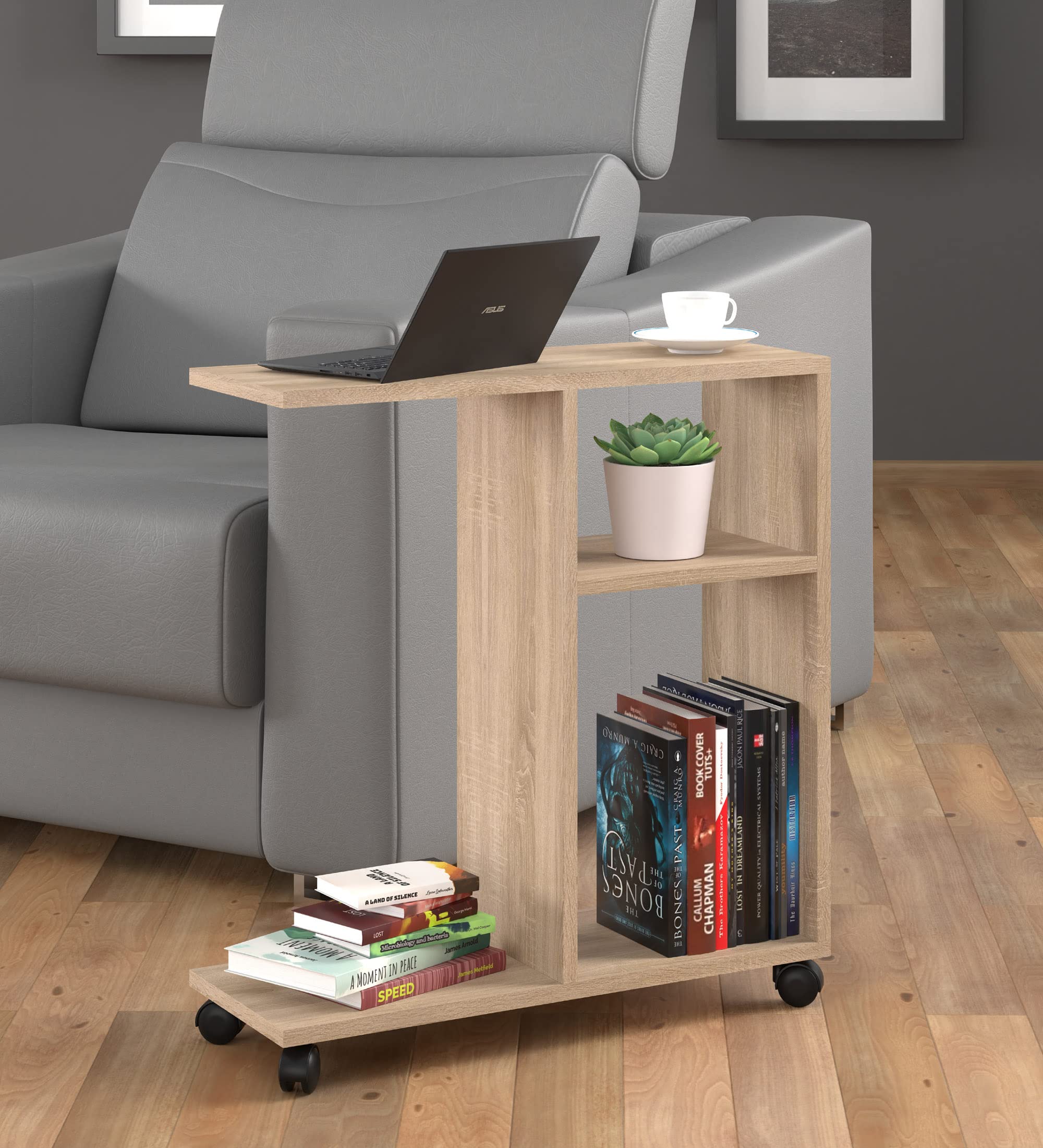 BIM Furniture Trasco 1 60 x 22 x 65 cm tavolino su ruote – tavolino da caffè – comodino – supporto per computer portatile – scomparti aperti – versatile (rovere Sonoma)