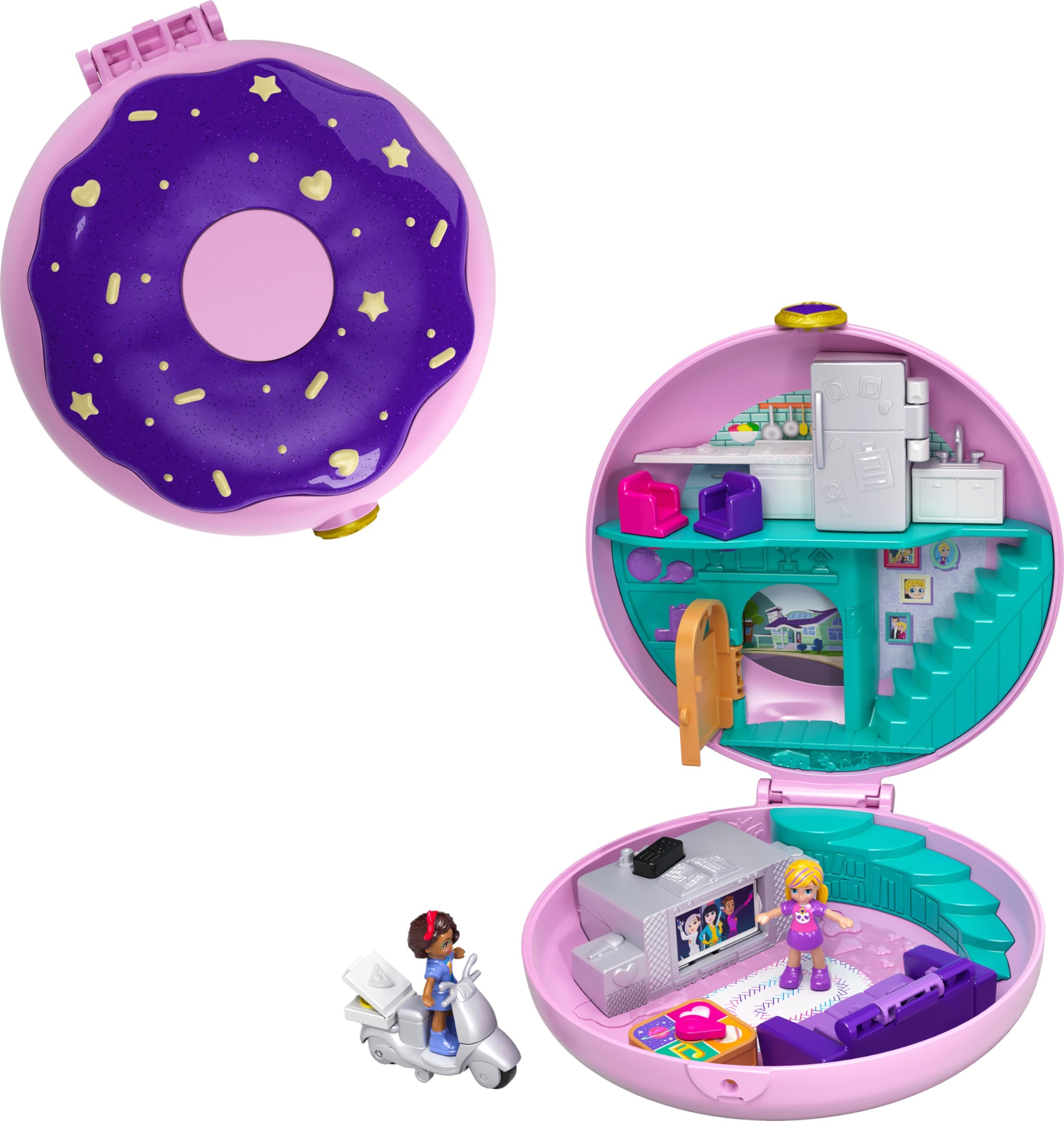 Polly Pocket Playset, Travel Toy with 2 Micro Dolls & Surprise Accessories, Pocket World Donut Pajama Party Compact