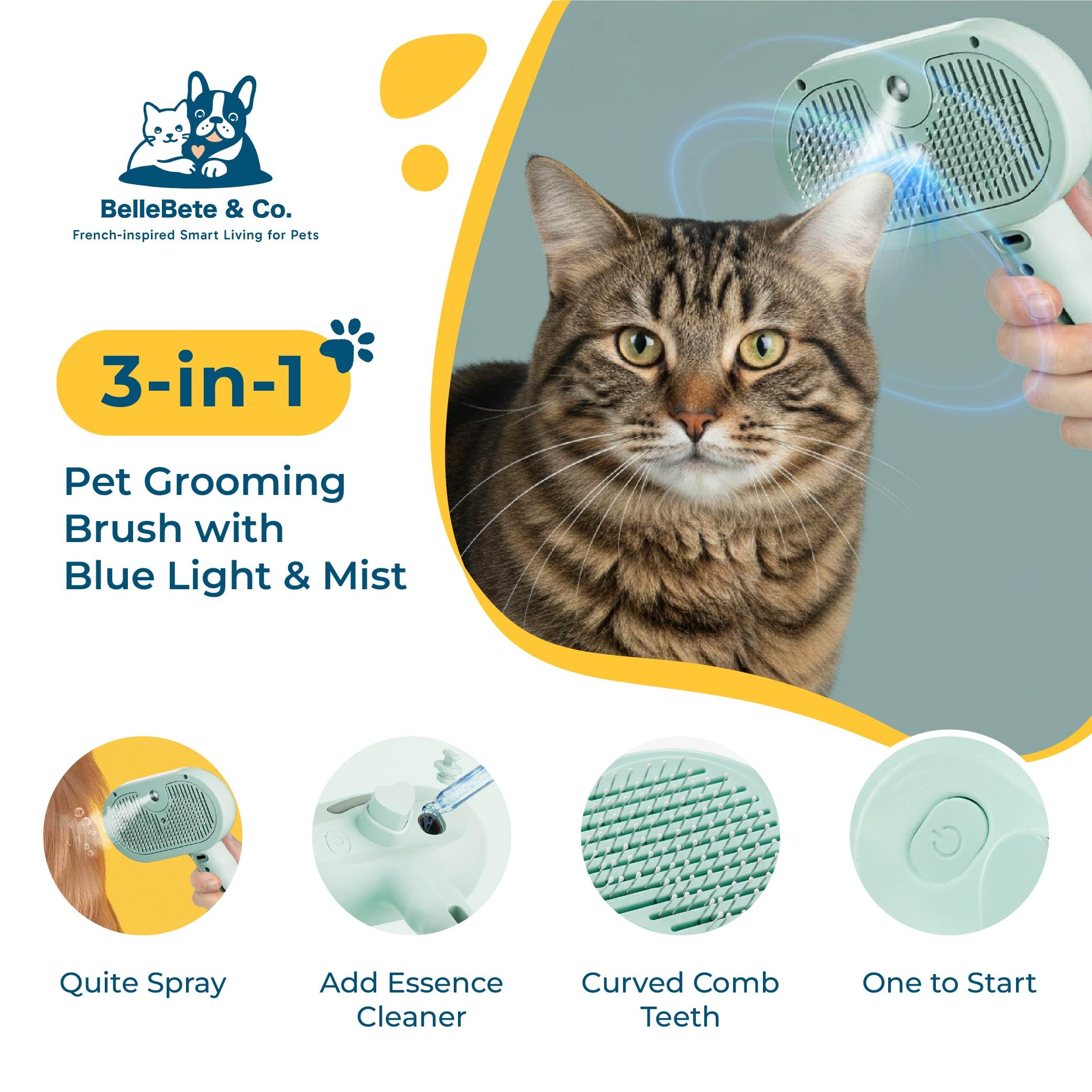 BelleBête & Co. Cepillo de vapor para mascotas para perros y gatos, herramienta de aseo y desprendimiento de pelo de mascotas con un solo clic, fácil de limpiar, carga USB, acondicionamiento sin