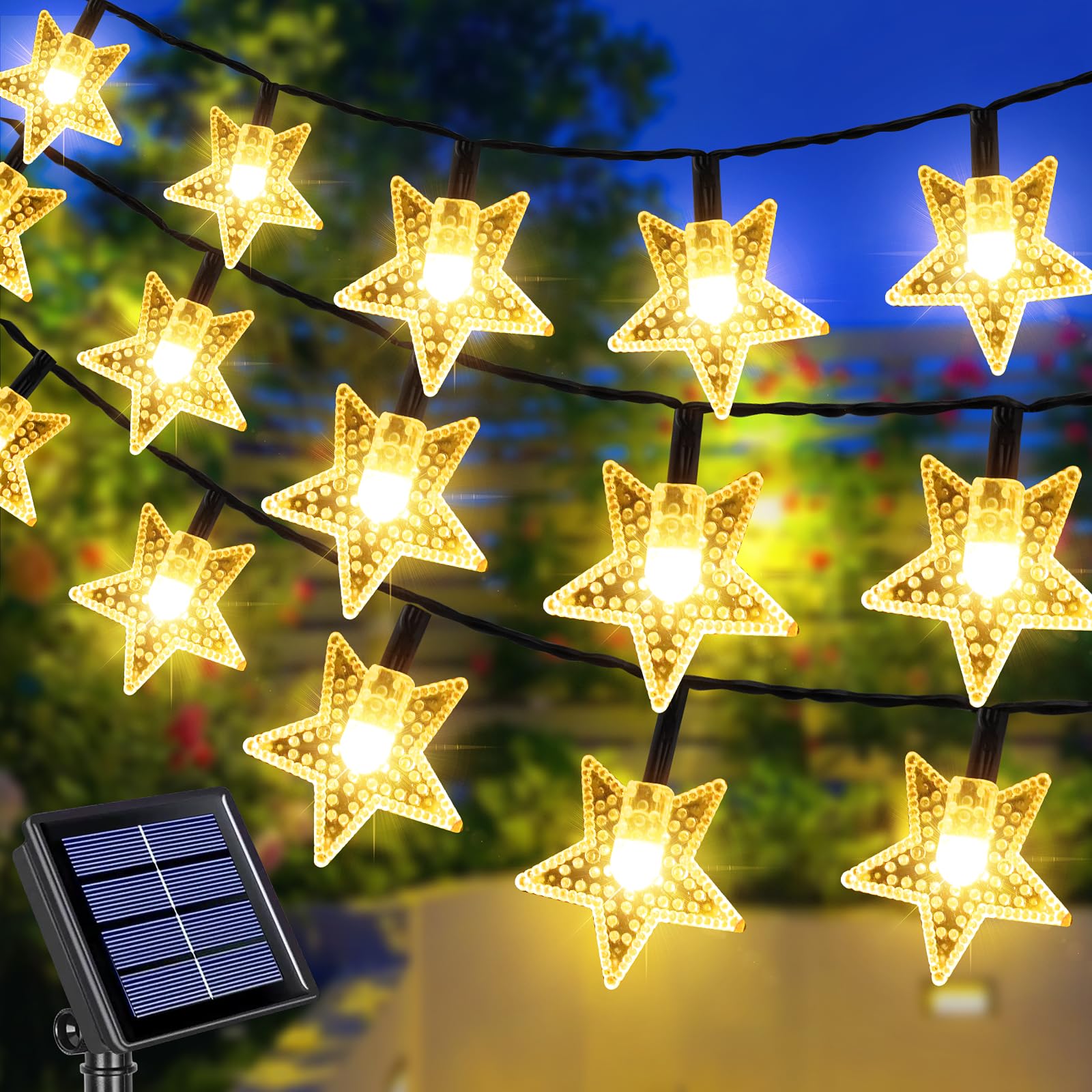 Guirnalda Luces Exterior Solar, 12M 100 LED Estrellas Cadena de Luces de Navidad Solares Exteriores 8 Modos IP65 Impermeable Decoración de Navidad Exterior, Bodas, Balcón,Patio, Jardín