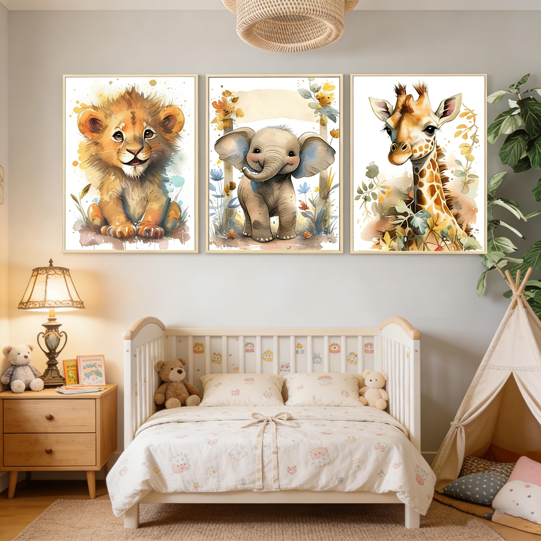 BeiYiHo 3 Affiche Animaux Chambre Bebe Tableau Jungle Chambre Enfant Savane Decoration Murale Garçon Beige 40X50 Poster Elephant Lion Girafe Deco sans Cadre (BYCH074-40x50)