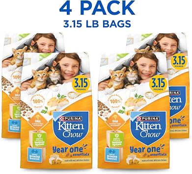 Purina Kitten Chow Year One Essentials Dry Kitten Food, (4) 3.15 lb Bags