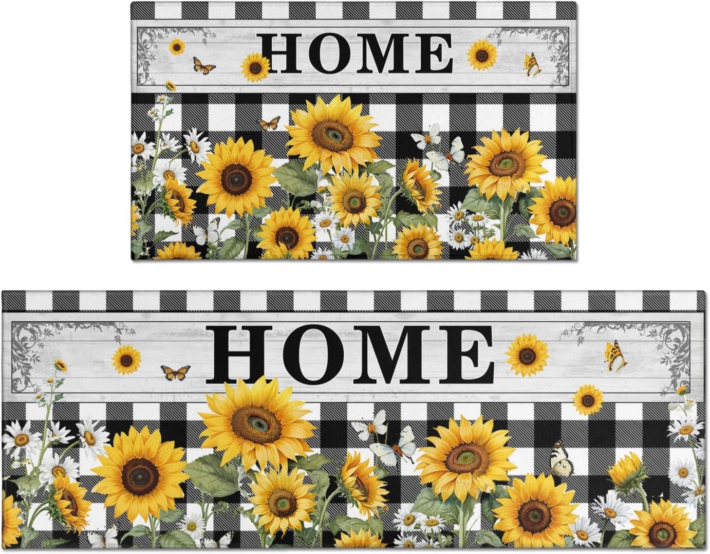 Bakyiwe Sunflower Kitchen Rugs, Kitchen Mat Set of 2, Buffalo Plaid Sunflower