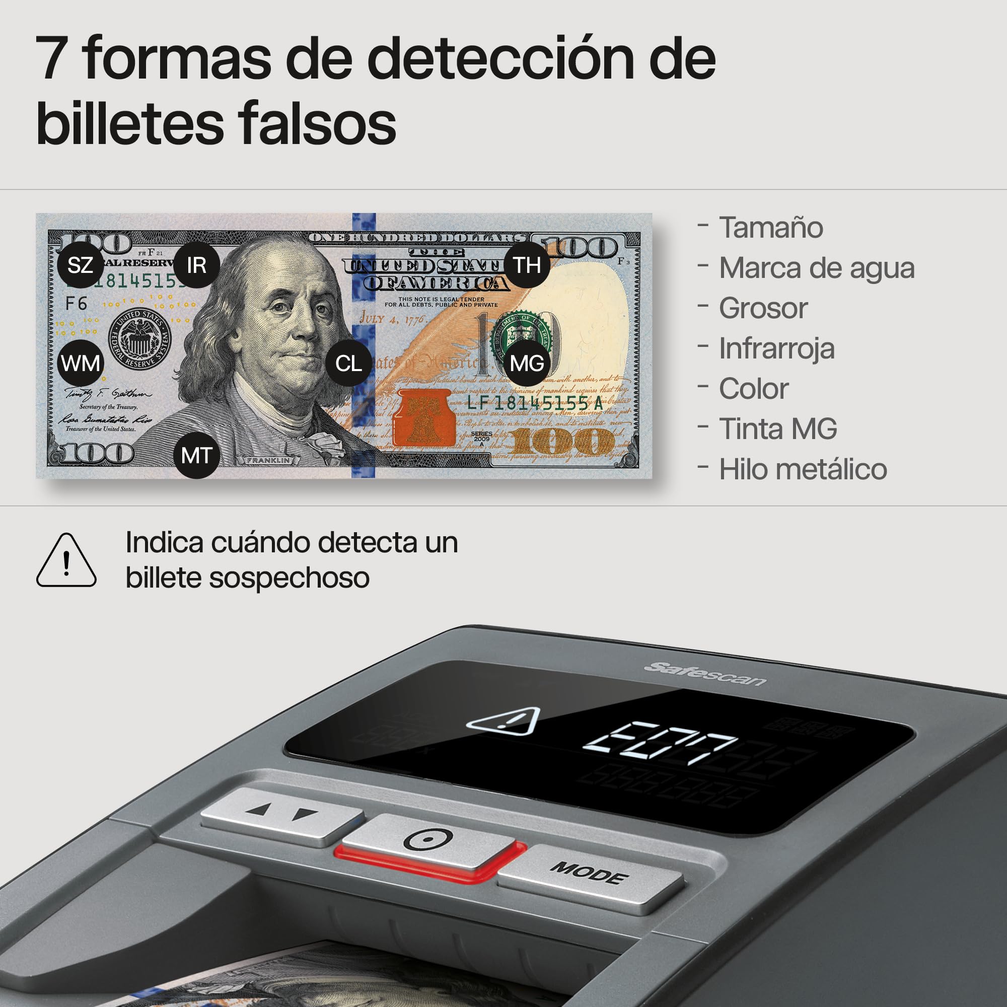 Safescan 185-S Detector de billetes falsos automático para verificar rápidamente billetes - Detector billetes falsos con 7 puntos de detección - Detector de billetes falsos 100% fiable