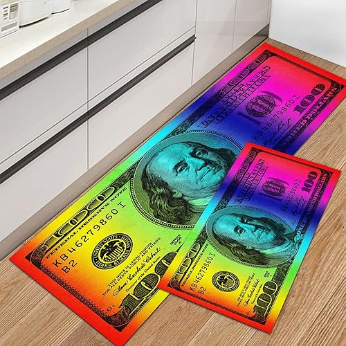 GUBIYU 2 alfombras de billetes de 100 dólares, alfombras de cocina, alfombras de dinero antideslizantes, con parte trasera de goma, tapete para