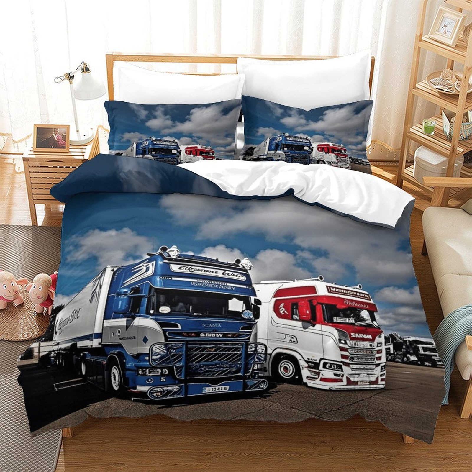 XiaopangXY Lorry Warmth Duvet Cover Set Hidden Zipper Quilt Cover Set with Pillowcases Bedding Set Soft Microfiber Truck Comforter Cover for Kids & Adults Double（200x200cm）