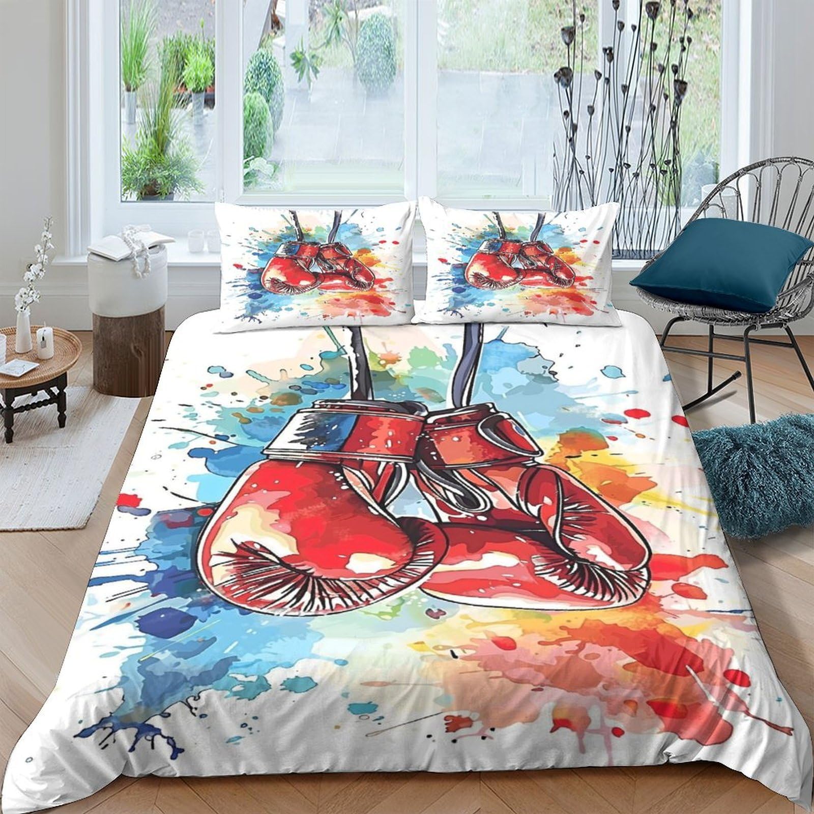 Ctjqhvkz Style-1 3D Printed Boxing Gloves Fitted Sheet Microfiber Watercolor Splash Bed Cover For Bedroom Dorm Mattress Protection Decor Single（135X200cm）