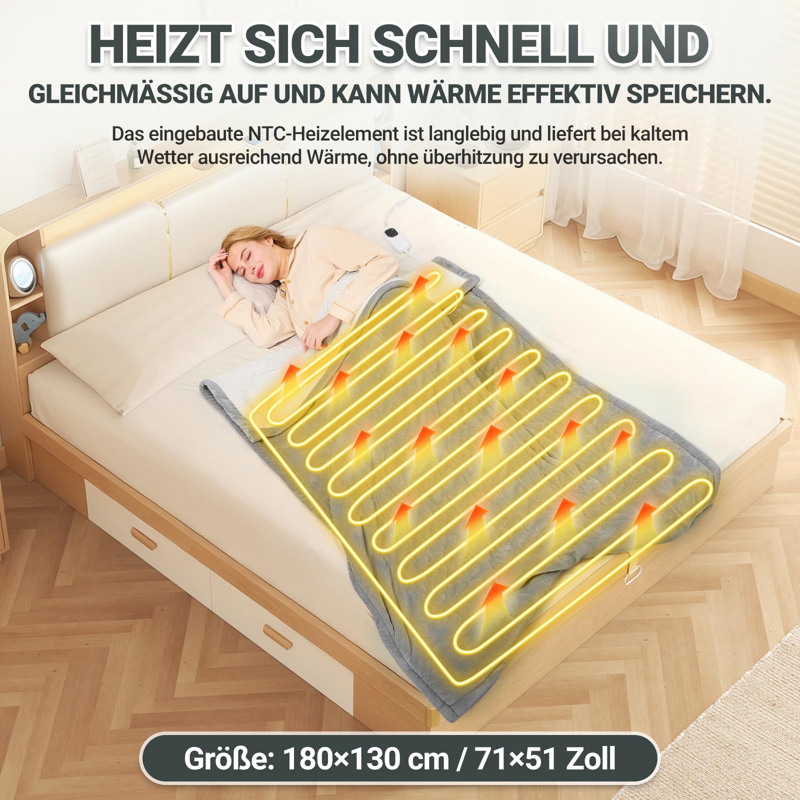 Charmofun Heizdecke mit Abschaltautomatik, 130x180CM Elektrische Wärmedecke, 8 Heizstufen, 12 Stunden Auto-Off-Timer, Maschinenwaschbar, Wärme doppel-Decke Flanell für Bett Sofa Büro