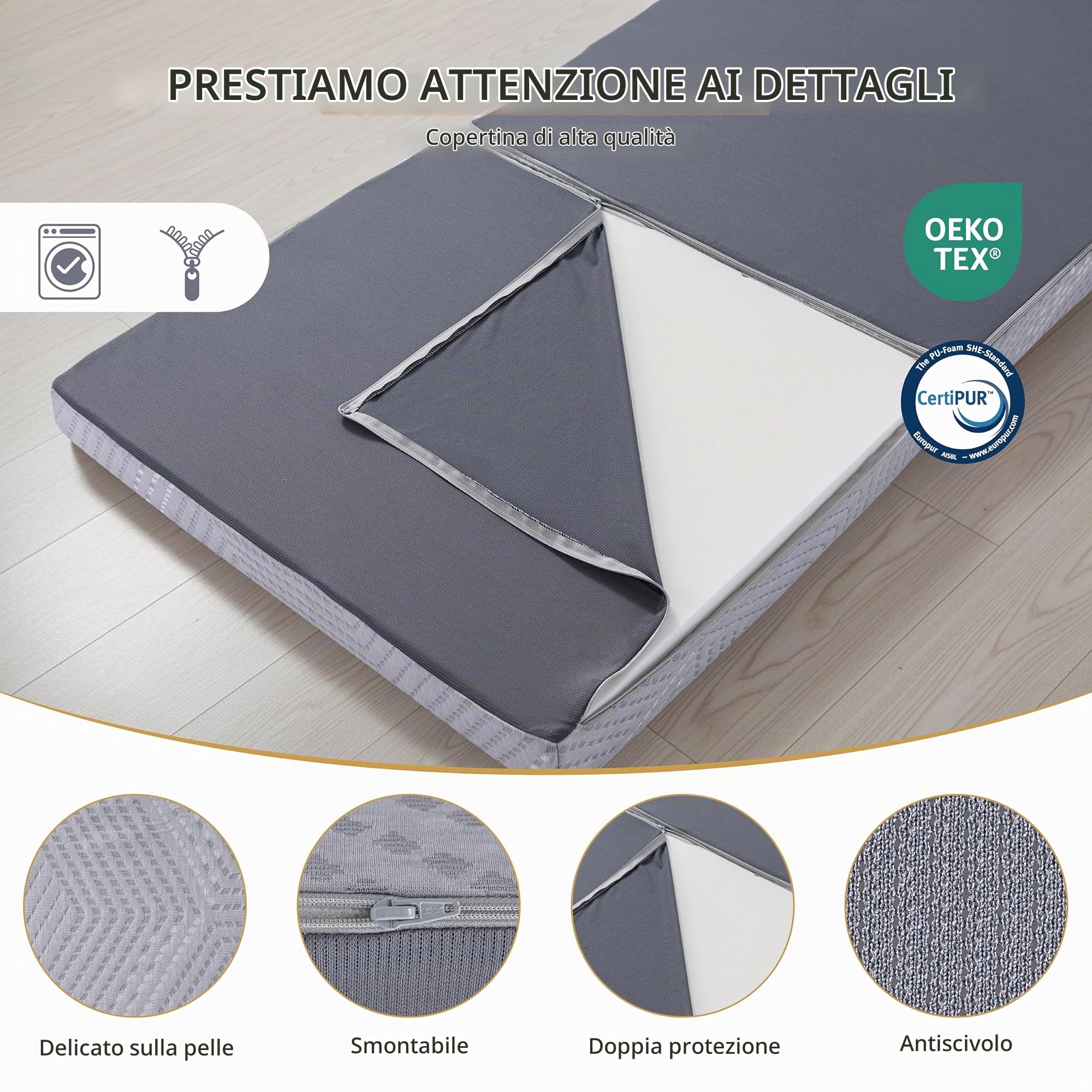 EGO HOME Materasso pieghevole, 75 x 195 cm, altezza 10 cm, pieghevole, grado di durezza H3, materasso da viaggio, materasso pieghevole in schiuma visco, 3 pezzi, per viaggi, campeggio, pavimento,