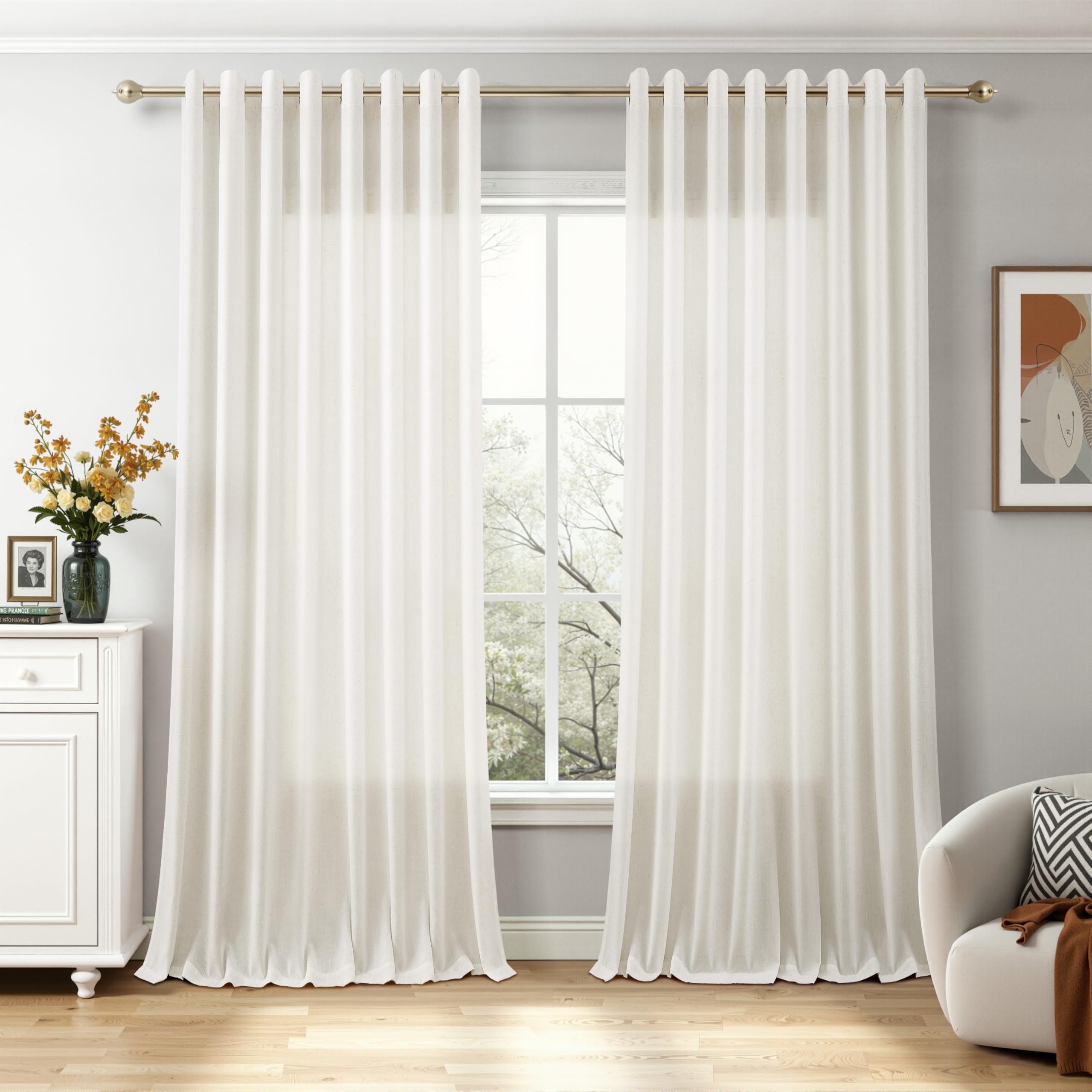 Nanspring Linen Extra Wide Curtains 90 Inches for Living Room Grommet Cream