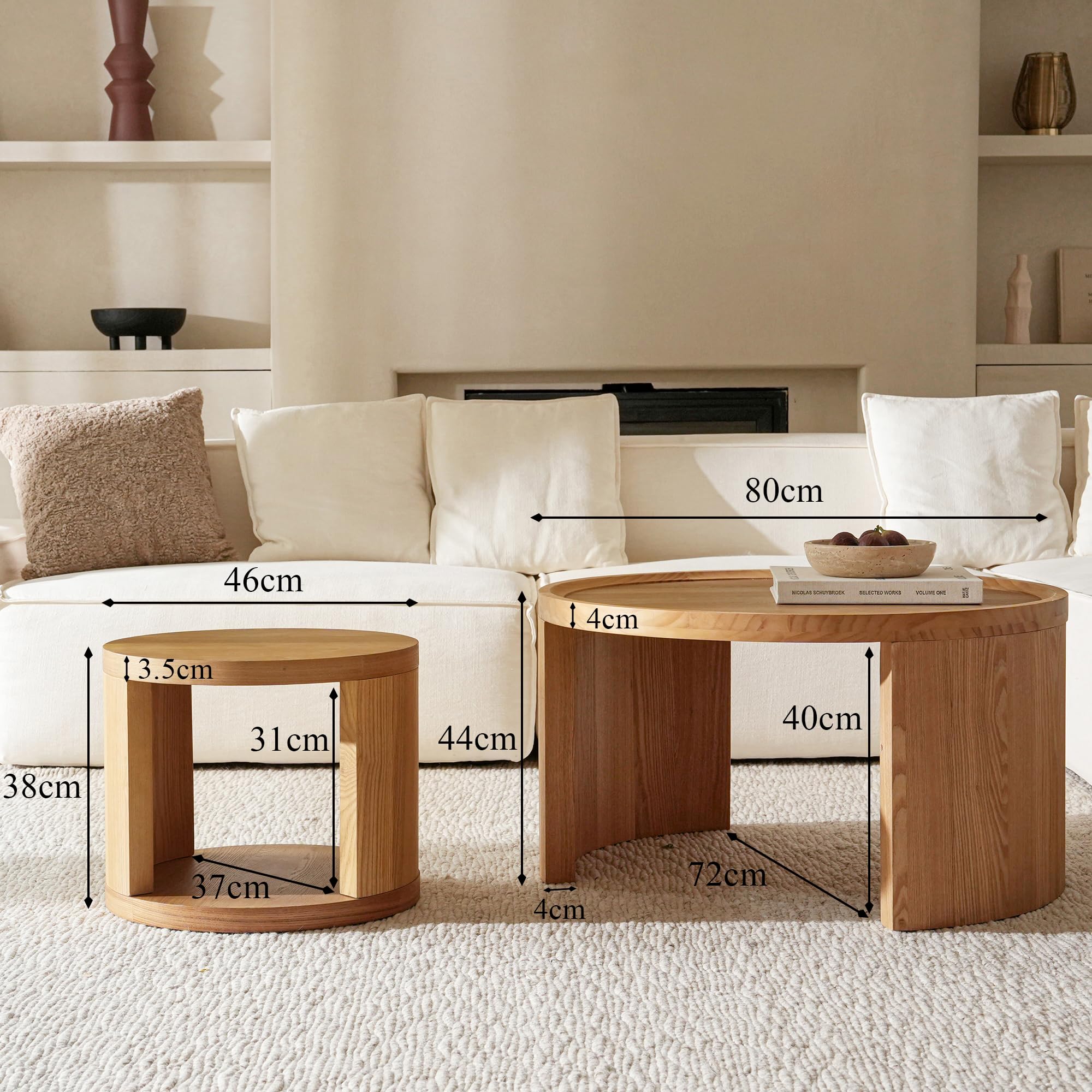 Table Basse Lot de 2 Ronde Bois, Table Gigogne Ronde avec Rangement, Tables Basses, Table de Salon Rondes & Table d’Appoint, Table Basse Salon Moderne en Bois, Ø80+Ø46cm, Blanc