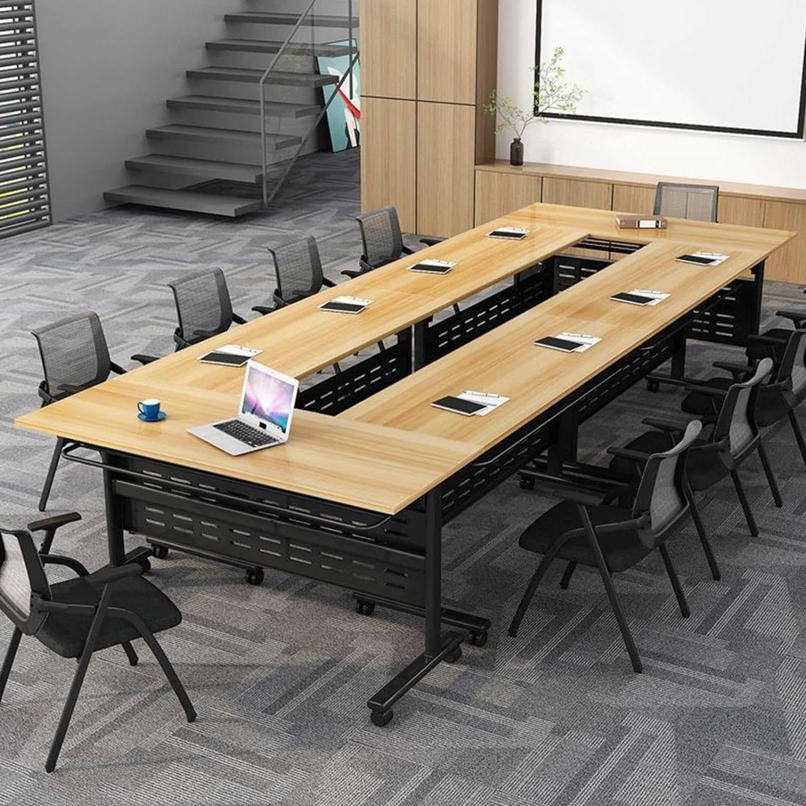 Tavolo da conferenza pieghevole da 1,8 m, moderno, pieghevole, con deflettore in ferro e ruote silenziose, per ufficio, sala riunioni ed eventi, portatile e facile da riporre