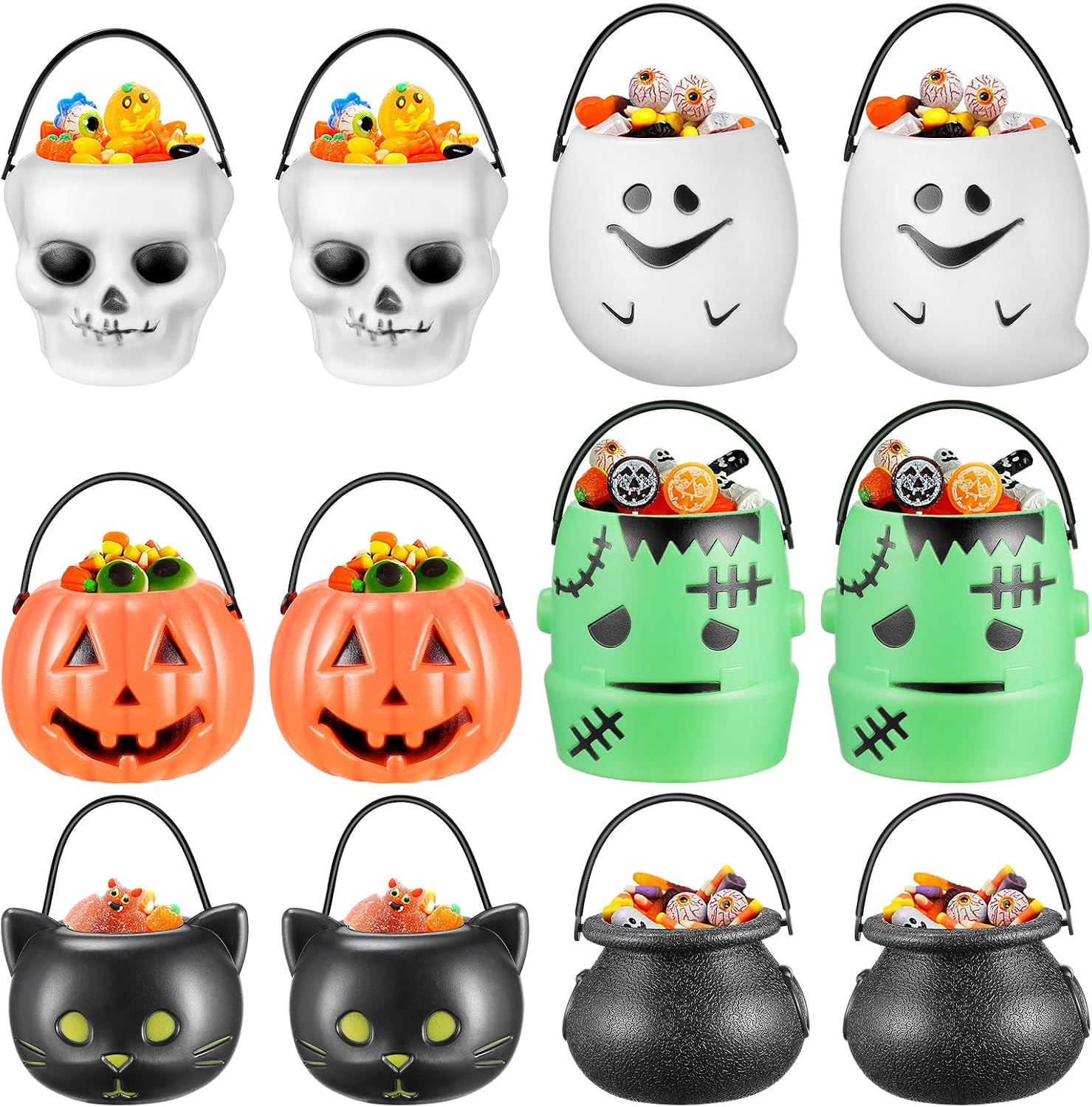 VICASKY 12pcs Halloween Candy Pail Trick Or Treat Buckets Candy Pots with Handle Skull Ghost Pumpkin Holder Party Supplies