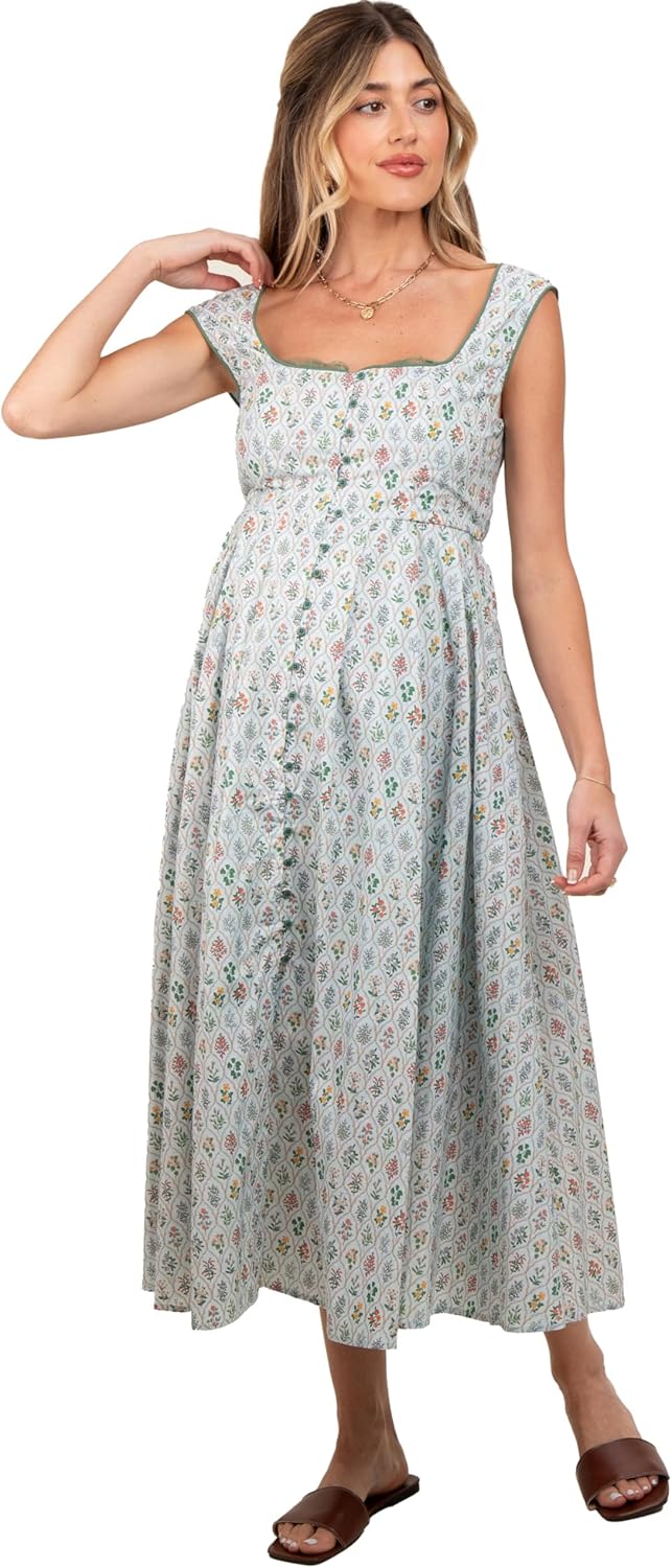 PinkBlush Light Floral Button Front Sleeveless Maternity Maxi Dress