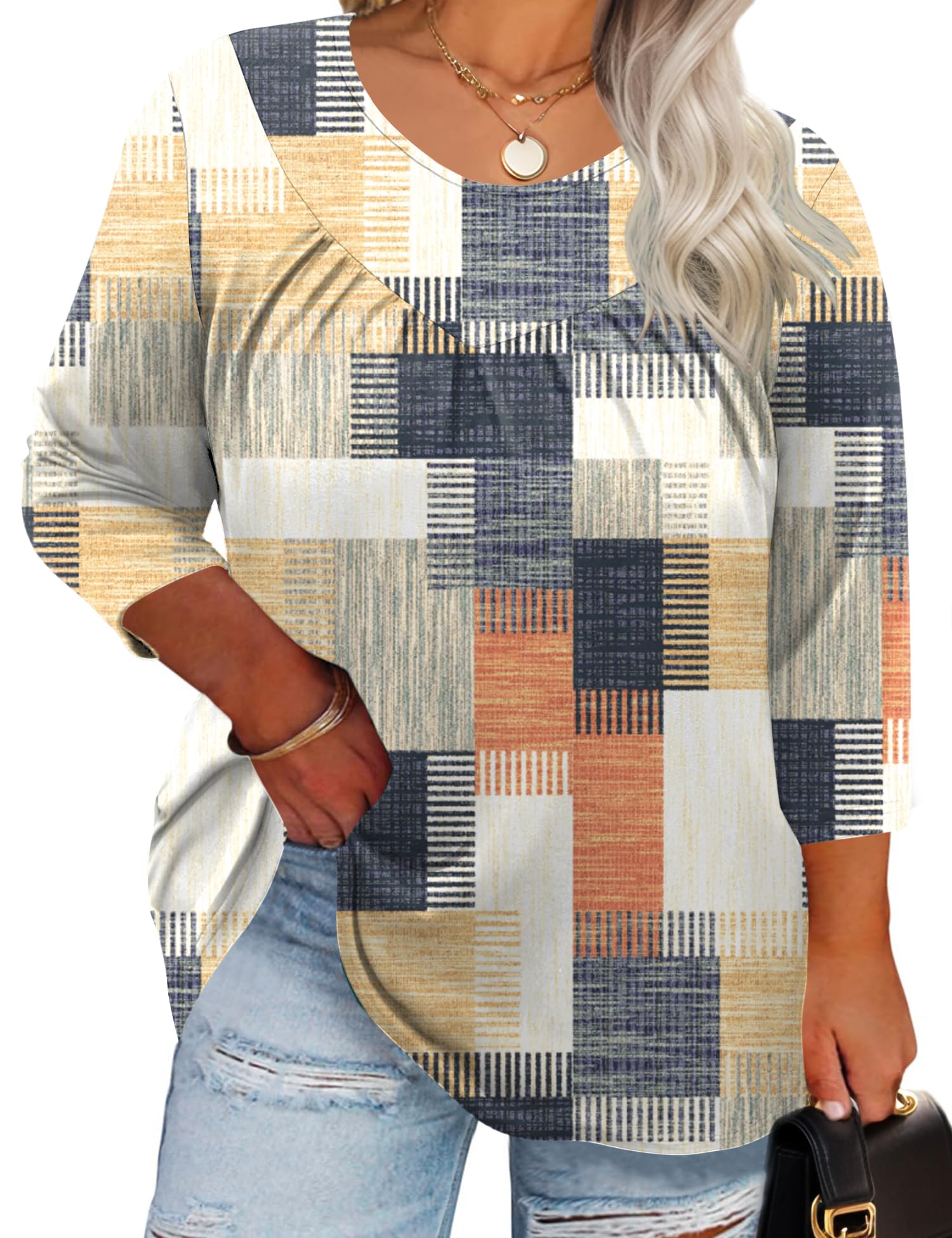 TFSDOD Womens Plus Size Tops 3/4 Length Sleeve Blouses Crew Neck Shirts Casual Loose Tunic Tops 1X-5X