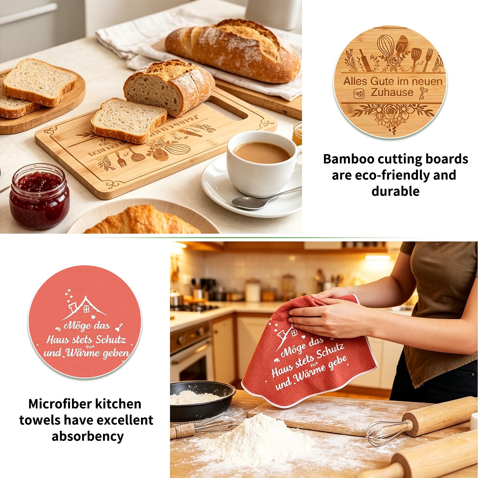 Einzugsgeschenk Set, Geschenk zum Einzug Haus Brot und Salz, Brotkorb mit Holz Schneidebrett, Geschirrtuch, Kochlöffel, Aufklebern, Einweihungsgeschenk für Haus, Wohnung, Mit Aufklebern und Karten