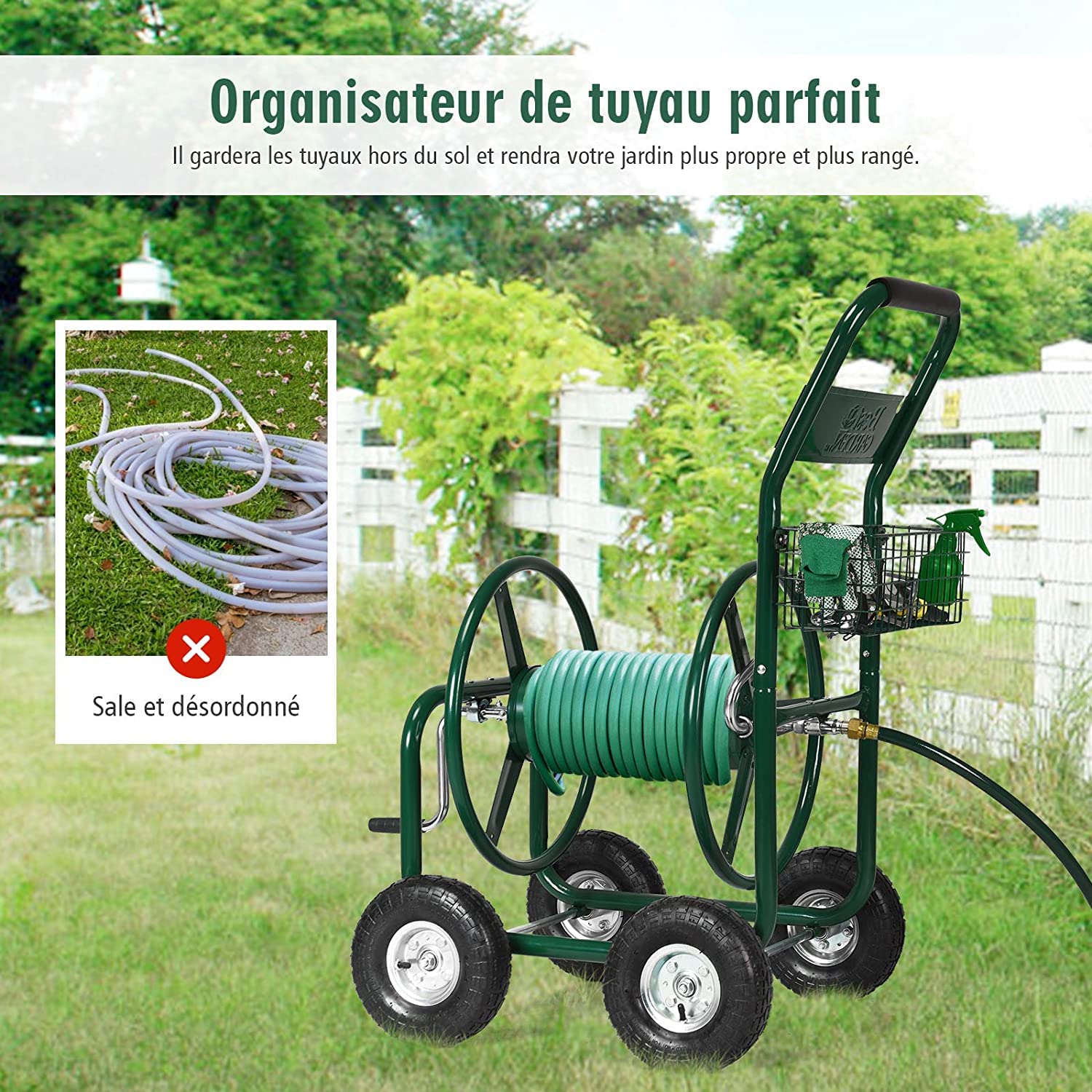 RELAX4LIFE Chariot Dévitoir d’Arrosage Mobile, Enrouleuer Tuyaux en Métal avec Roues et Panier, Système Robuste d’Irrigation et de Jardinage, Idéal pour Arrosage des Plantes et Nettoyage de Véhicule
