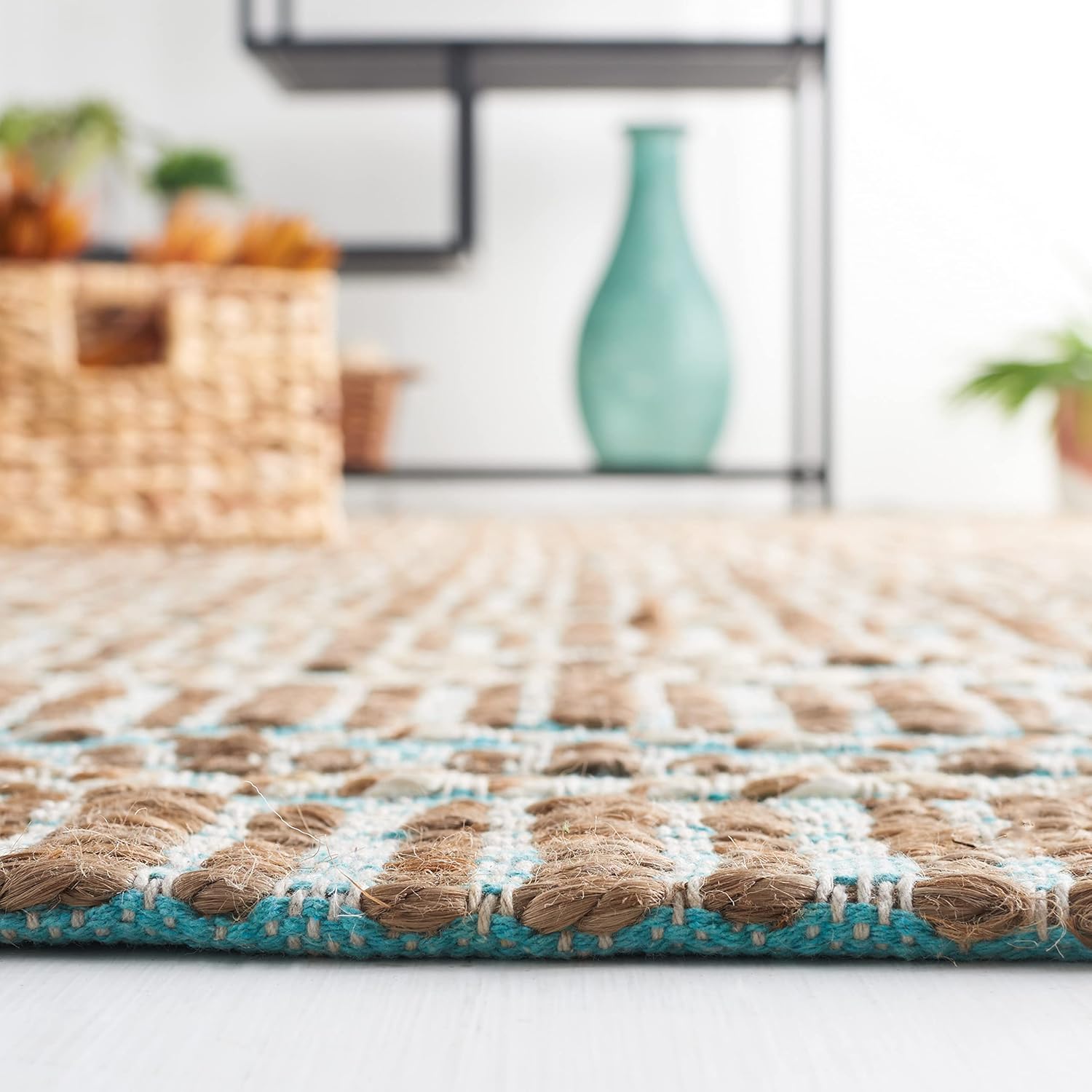 SAFAVIEH Natural Fiber Collection Accent Rug - 3' x 5', Teal & Natural, Handmade Flat Weave Stripe Jute & Cotton Jute, Ideal for High Traffic Areas in Entryway, Living Room, Bedroom (NFB651K)
