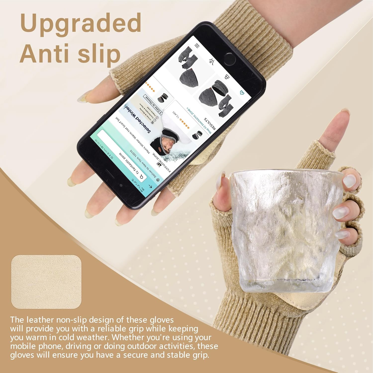 FZ FANTASTIC ZONE Winter Fingerless Gloves for Women Men, Chenille Warm Knit Work Anti-Slip Leather Half Finger Gloves Gifts - Image 2