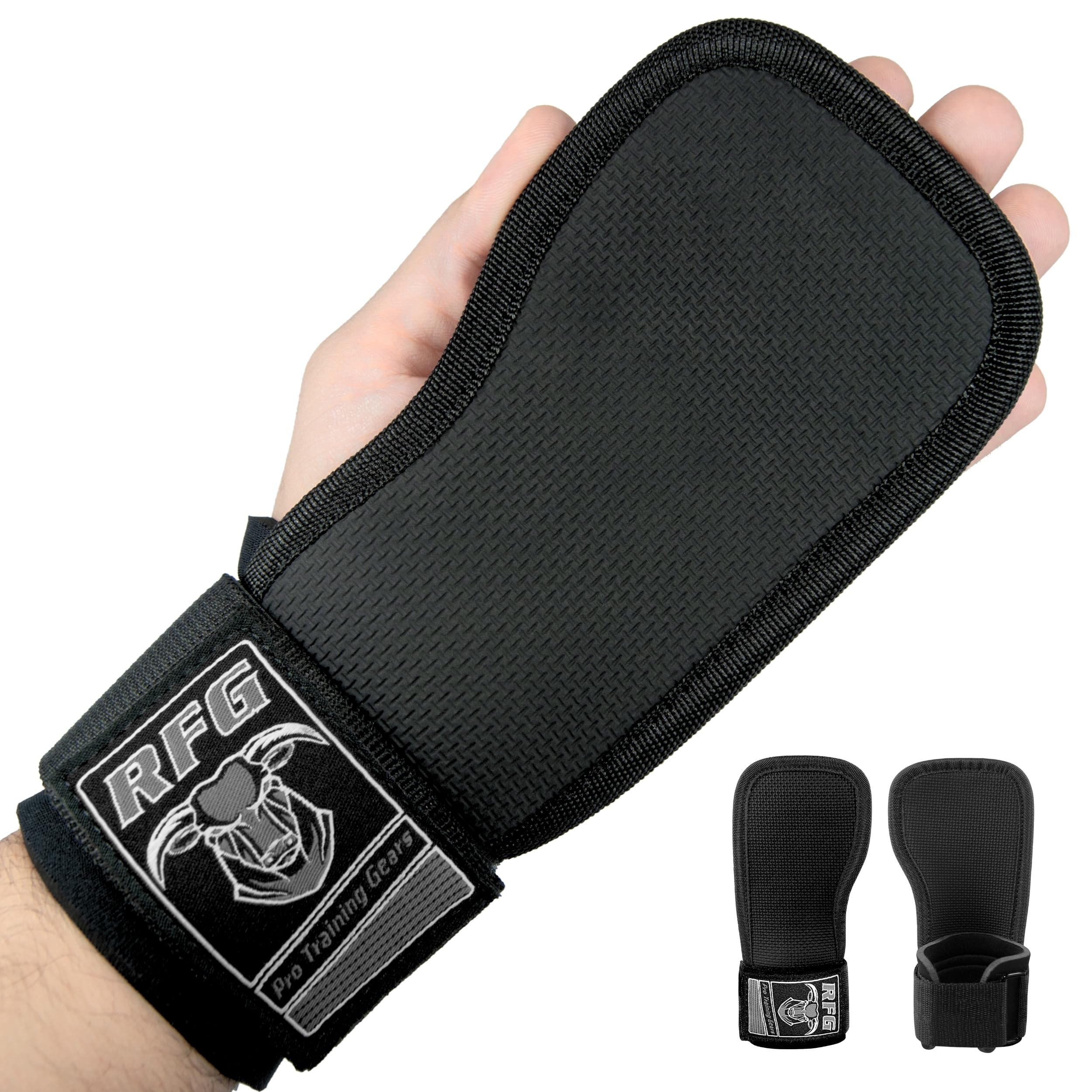 RFG Weight Lifting Grip Pads Gloves with Wrist Support – Non Slip Palm Protection for Gym Workout, Deadlifts, Cross Training & Pull Ups – 5mm Neoprene Padding & Adjustable Strap (Black)