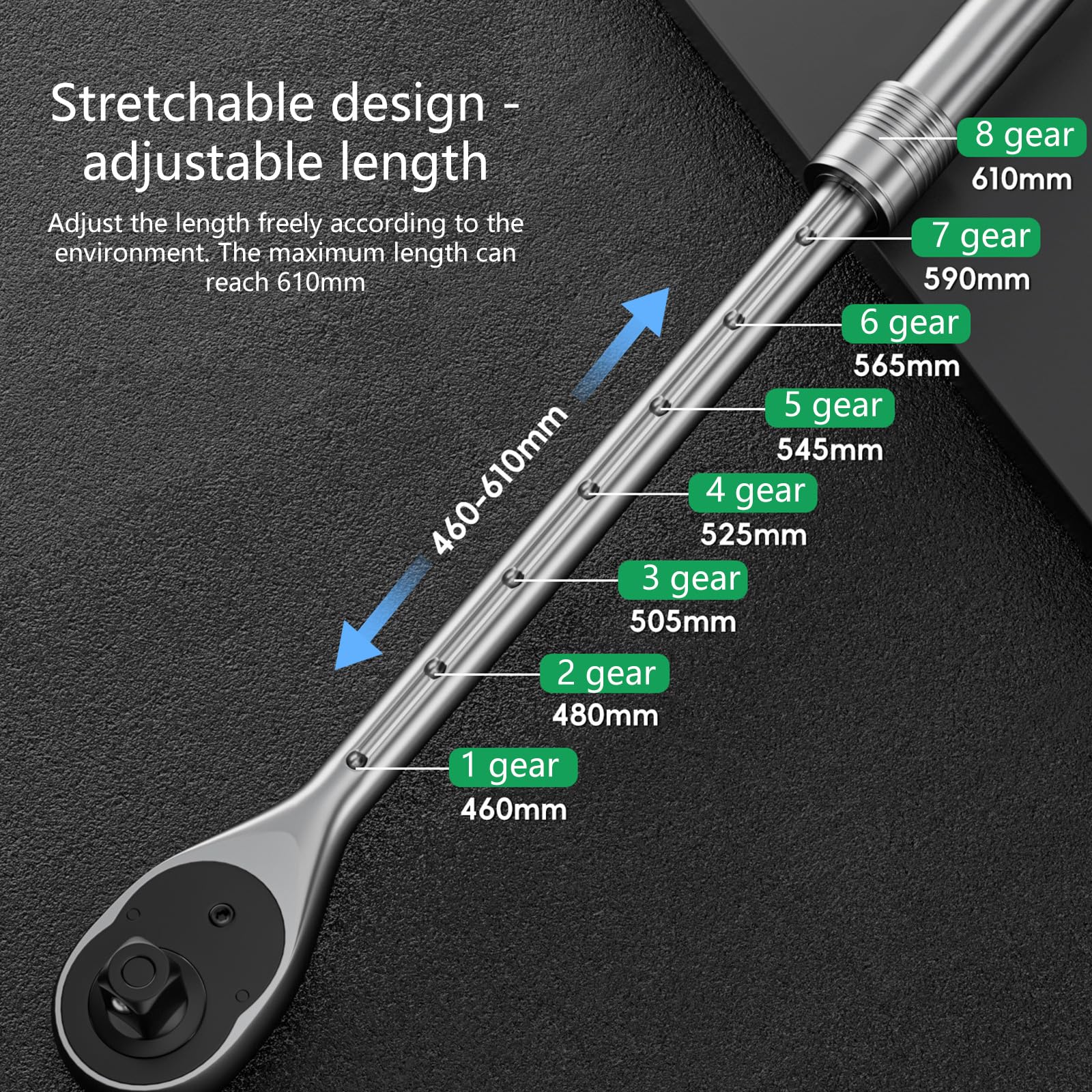 Chiave a cricchetto allungabile resistente 72T Gear impugnatura in gomma antiscivolo e design a cambio rapido per spazi ristretti Chiave a bussola ergonomica con manico lungo