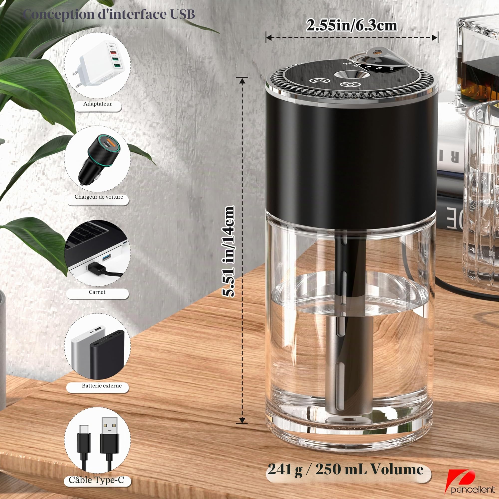 Diffuseur d'huiles essentielles, désodorisant pour voiture, diffuseurs d'aromathérapie pour la maison, grande pièce, chambre, voiture, bureau, bureau avec lumière de plafond étoilé, capacité de 250 ml