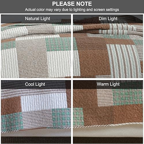 Vista 35 de SahSahCasa Juego de edredón tamaño King, juego de edredón de 100% algodón, colcha de retazos, colcha rústica ligera a cuadros para cama King, beige