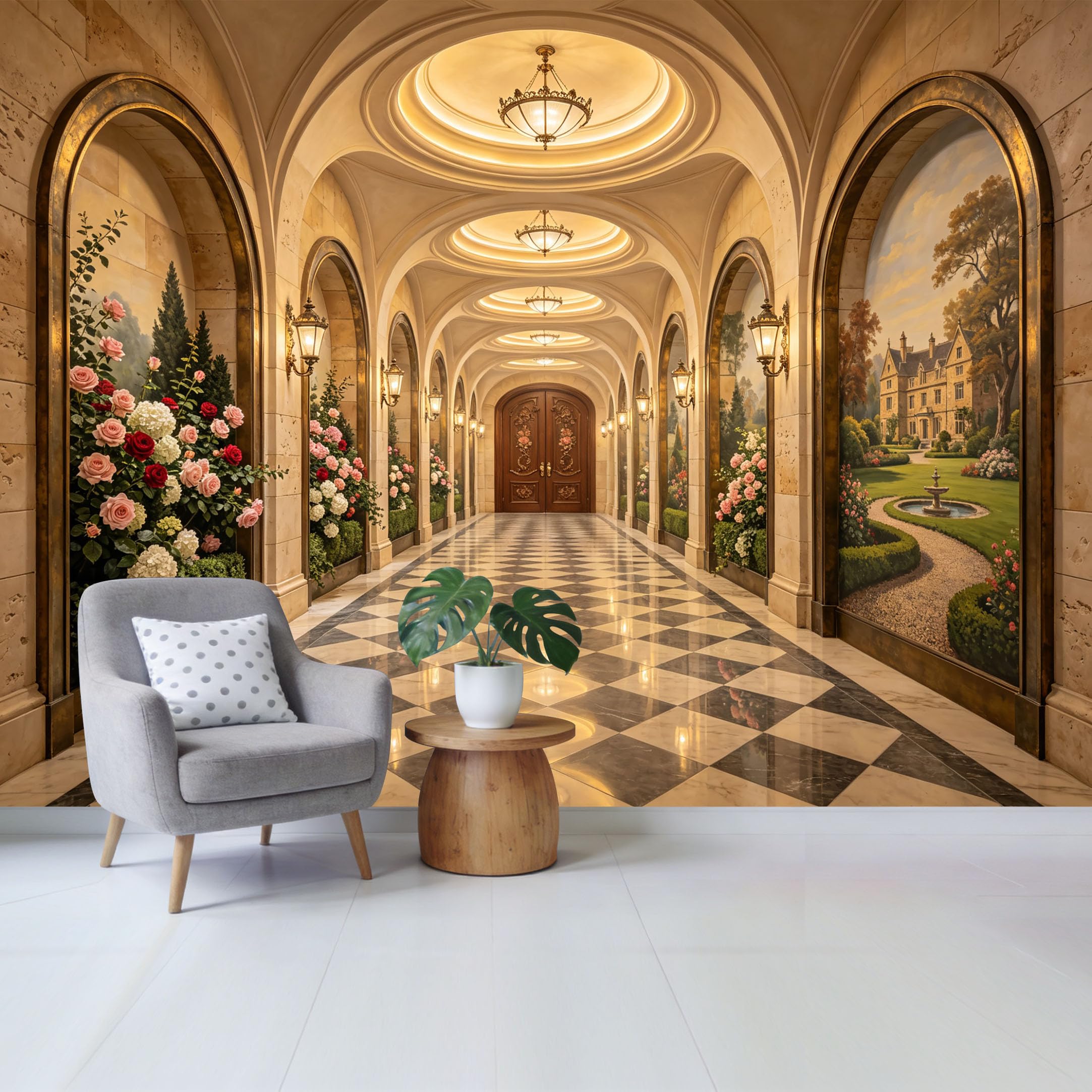 Removable Self Adhesive Fabric Mural， Neoclassical European Palace Archway Garden Custom Size Wall Covering， UV Protected Waterproof Washable Wall Decor for Living Room Bedroom Bathroom