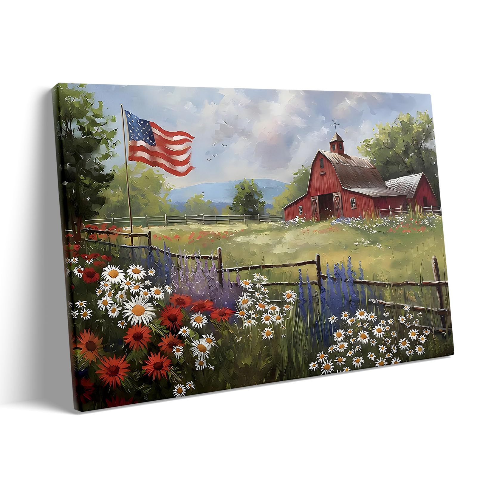 Memorial Day Barn Canvas Wall Art, Rustic American Flag and Wildflower Farmhouse Print, Patriotic Country Barn Poster Framed Artwork for USA 4th of July and Living Room, Office Decor 8x10inch