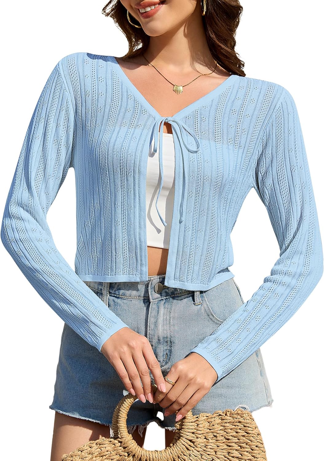 Women's Shrug Cardigan Sweaters Tie Front Cropped Cardigan Striped Knit Long Sleeve Open Front Crop Tops