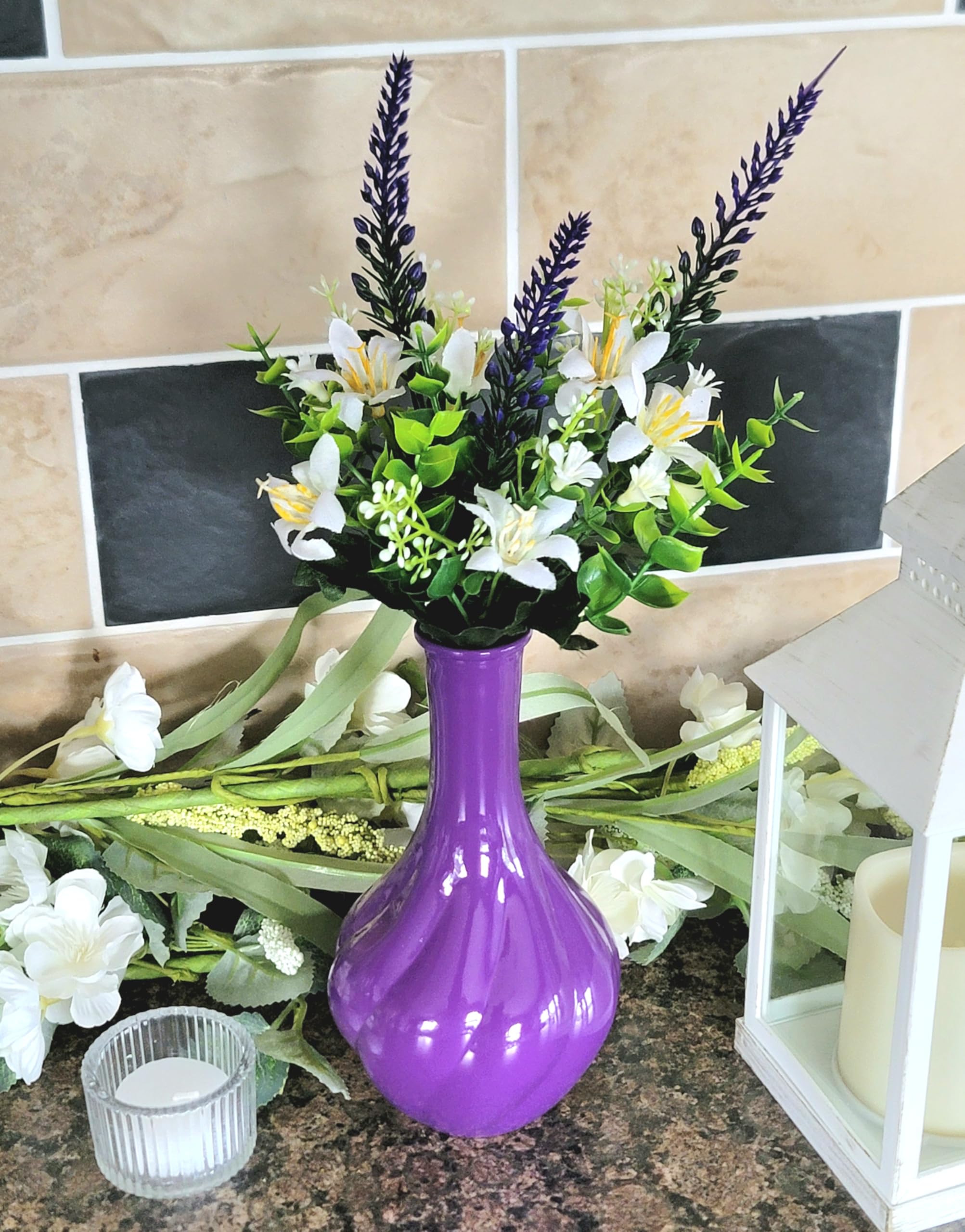 Purple Artificial Flowers with Glass Vase, Unusual Gift Item for Christmas Ornament for Home Decor, 17cm Pair - Image 4