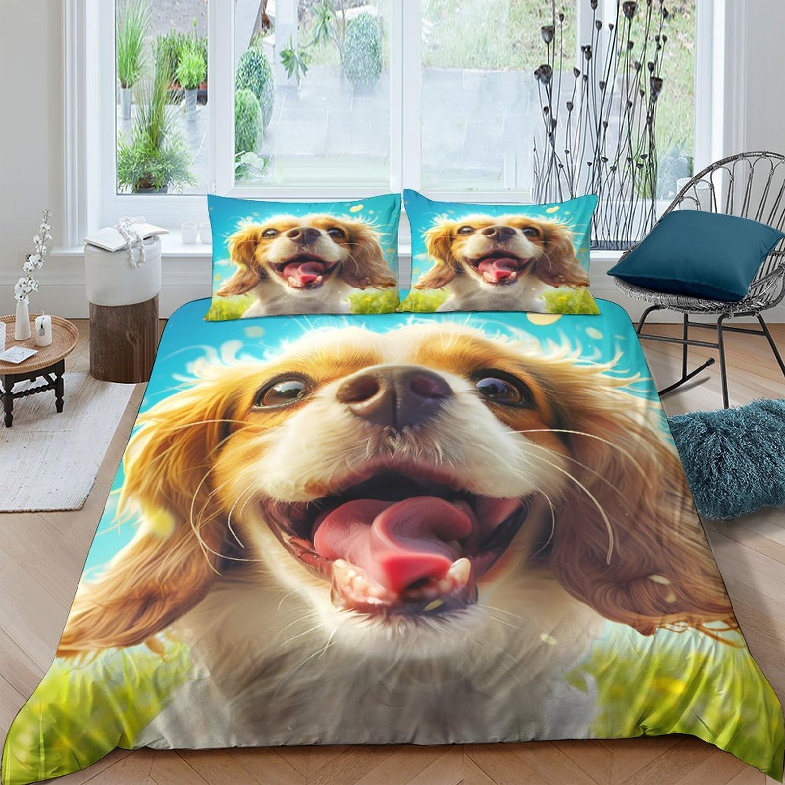 Ctjqhvkz Style-4 3D Printed Happy Dog Fitted Sheet Microfiber Soft Blue Sky Meadow Bed Cover For Bedroom Guest Room Decor Single（135X200cm）