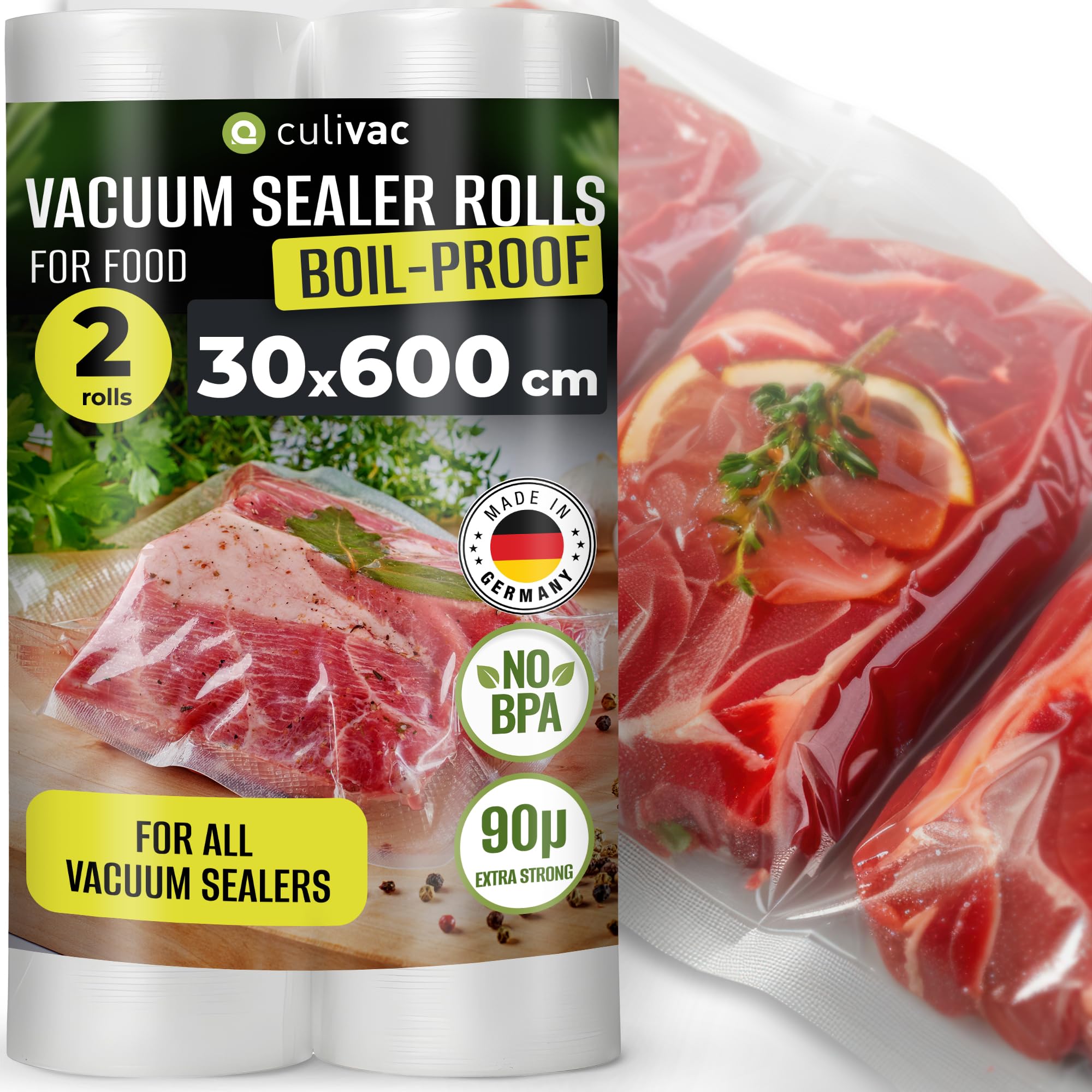 Culivac 2 Rolls Boil-Proof Vacuum Sealer Rolls "Boilproof" – Vacuum Sealer Bags – Vacuum Bags For Food –Sous Vide Bags – 2 Rolls Embossed Bpa-Free – Cut-To-Size Heat Seal Bags – 30X600cm – 2 Rolls
