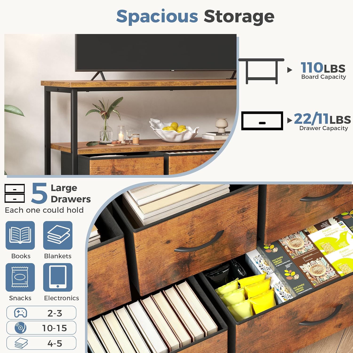 DUMOS TV Stand, Dresser with 5 Fabric Storage Drawers, Media Console Featuring Open Shelf, Fabric Storage Cabinet with Charging Station, Compact Entertainment Unit for Bedroom, Living Room, Brown
