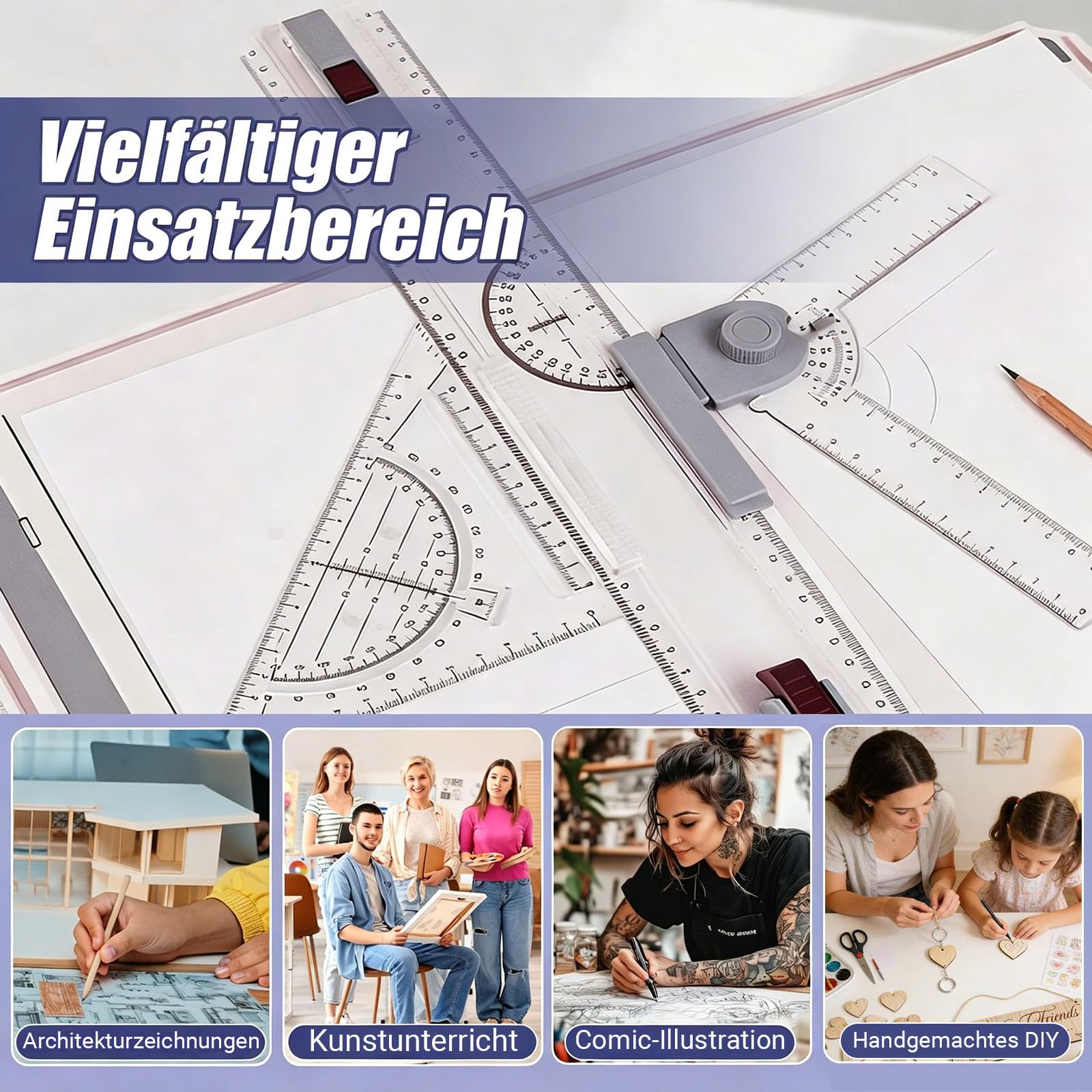 A3 Zeichenbrett, Geo-Board gz Platte, Multifunktionaler Zeichenplatte Din A3 Zeichenschiene mit Winkelmesser Papiersuchgerät Lineal Stützfuß für das Professionell Office Arbeiten Studenten (A3)
