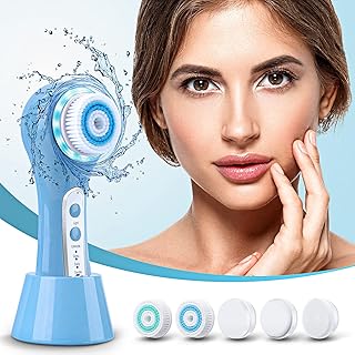 Facial Cleansing Brush,Palwin IPX7 Waterproof Electric Face Scrubber Brush with Red/Blue Light,5 Brush Heads for Exfoliati...