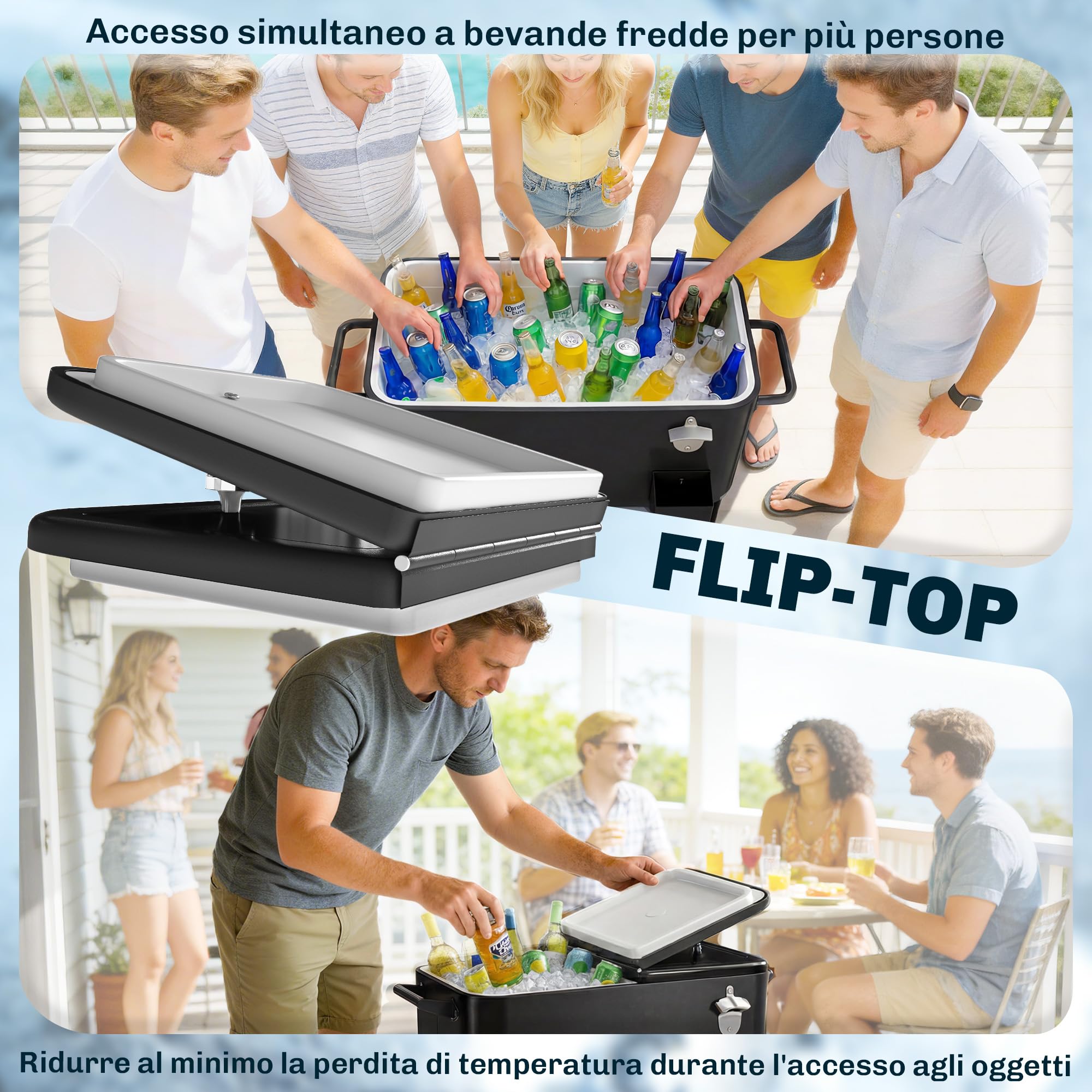 Outsunny Nevera de jardín de 76 l, carro para comida de jardín con estante, abrebotellas, ruedas bloqueables, archivador de tapones, portátil para bebidas, bar, patio y fiestas, color negro