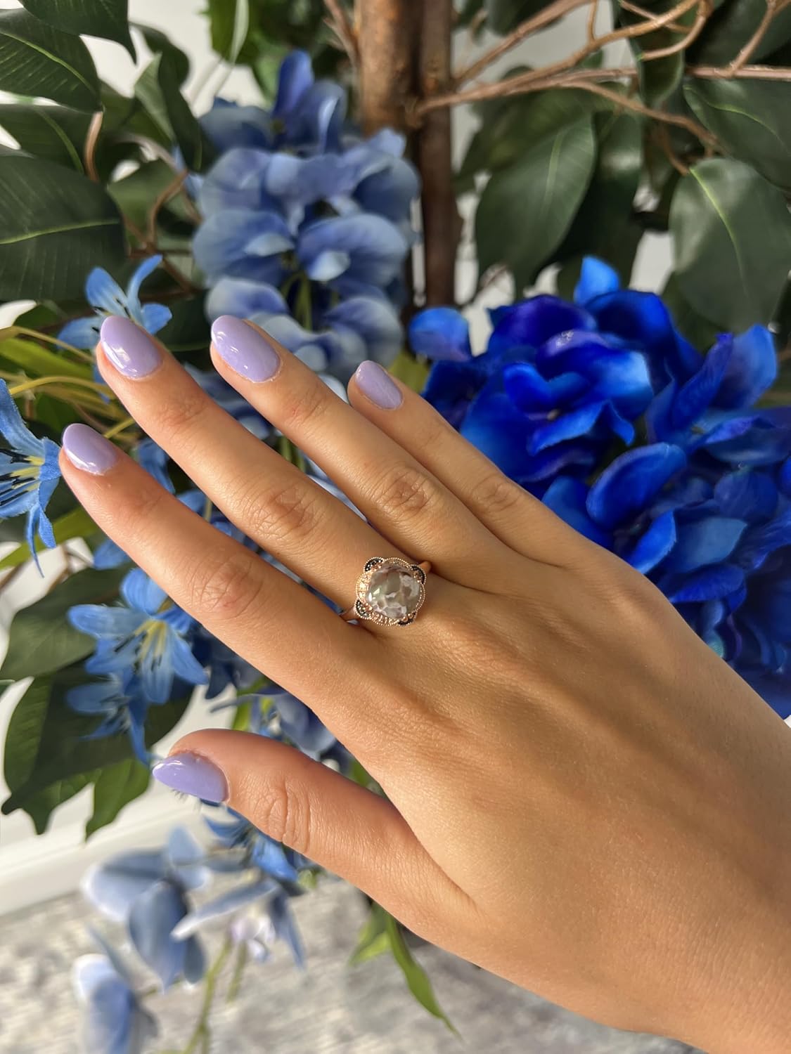 3 1/4 Carat Cushion Shaped Aquaprase Cabochon Topaz and Quartz Milgrain Flower Statement Ring for Women in 14k Rose Gold Plated 925 Sterling Silver Promise Anniversary Ring Size 5 to 10 by LeVian