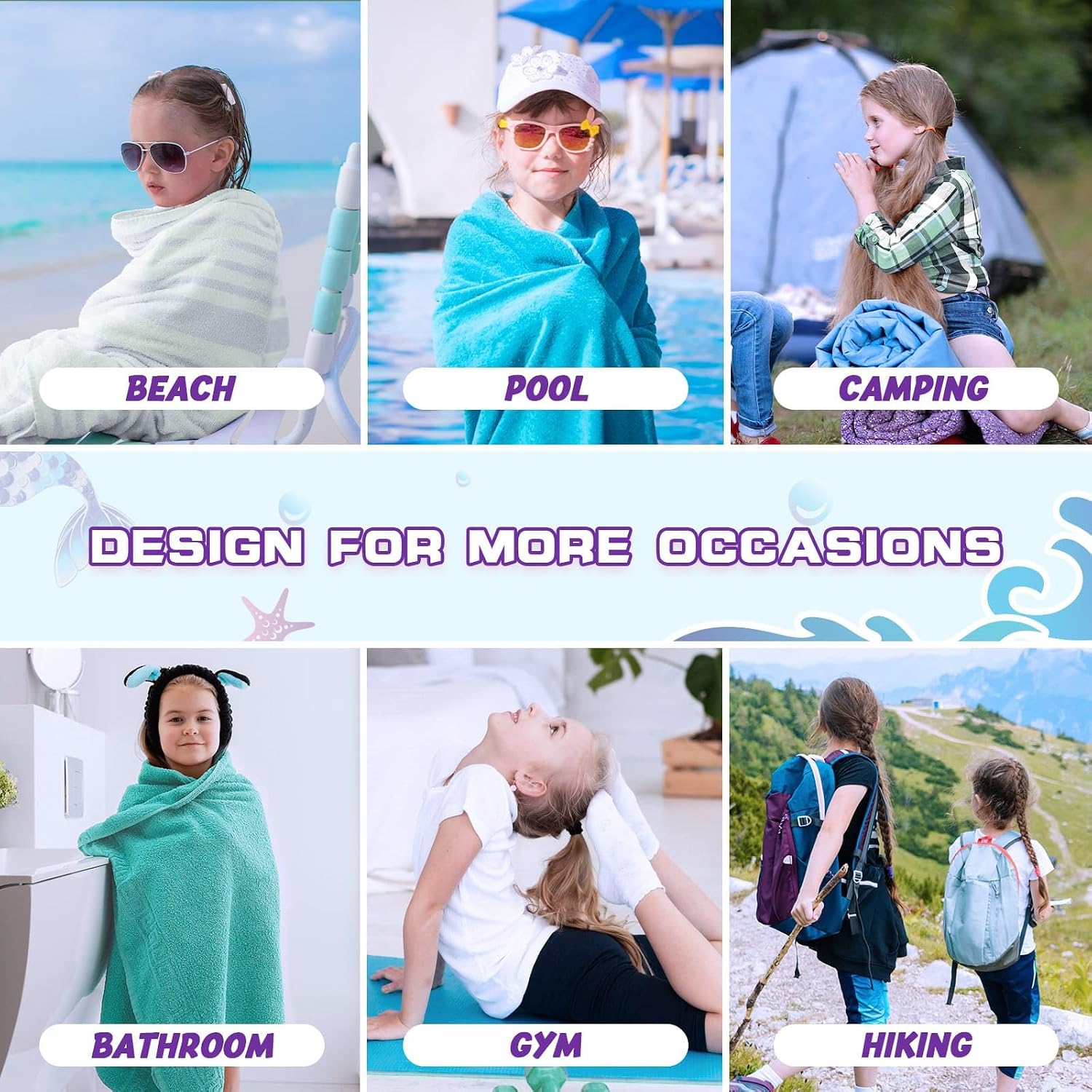 WERNNSAI Mermaid Kids Beach Towel for Girls, 30”x 60” Microfiber Double-Sided Beach Towel for Kids Quick Dry Sand Free Pool Towel Personalized Toddler Beach Towel Travel Swim Camping Towel