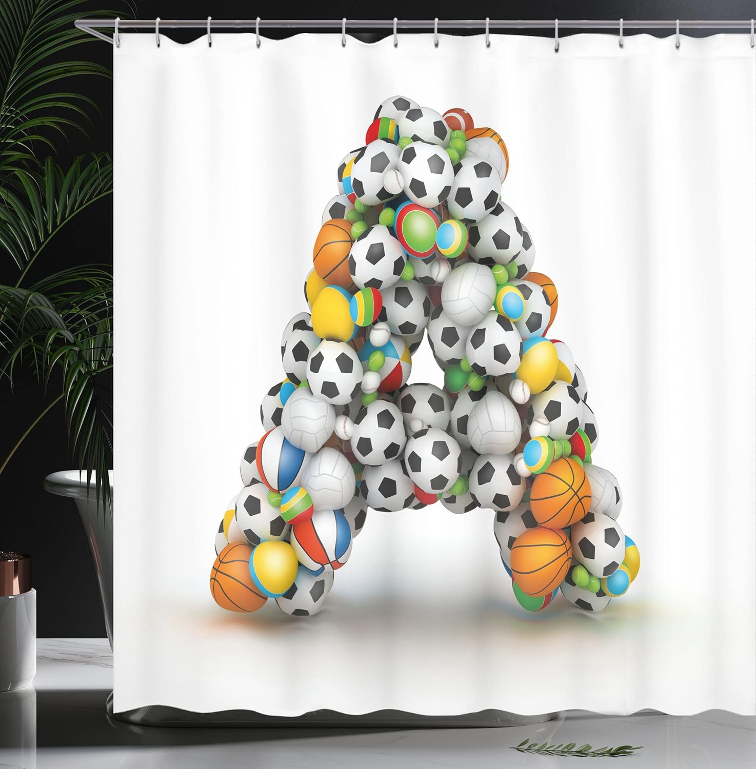 Ambesonne Letter a Shower Curtain, Sports Balls Stacked to Build The First Letter of The Alphabet Capital, Cloth Fabric Bathroom Decor Set with Hooks, 69" W x 70" L, Black Orange