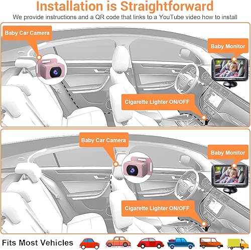 Miniatura 5 de Rohent Monitor de coche para bebés y niñas, 1080P HD, ajustable en 360, visión nocturna, lente gran angular de 150, fácil instalación, perfecto para