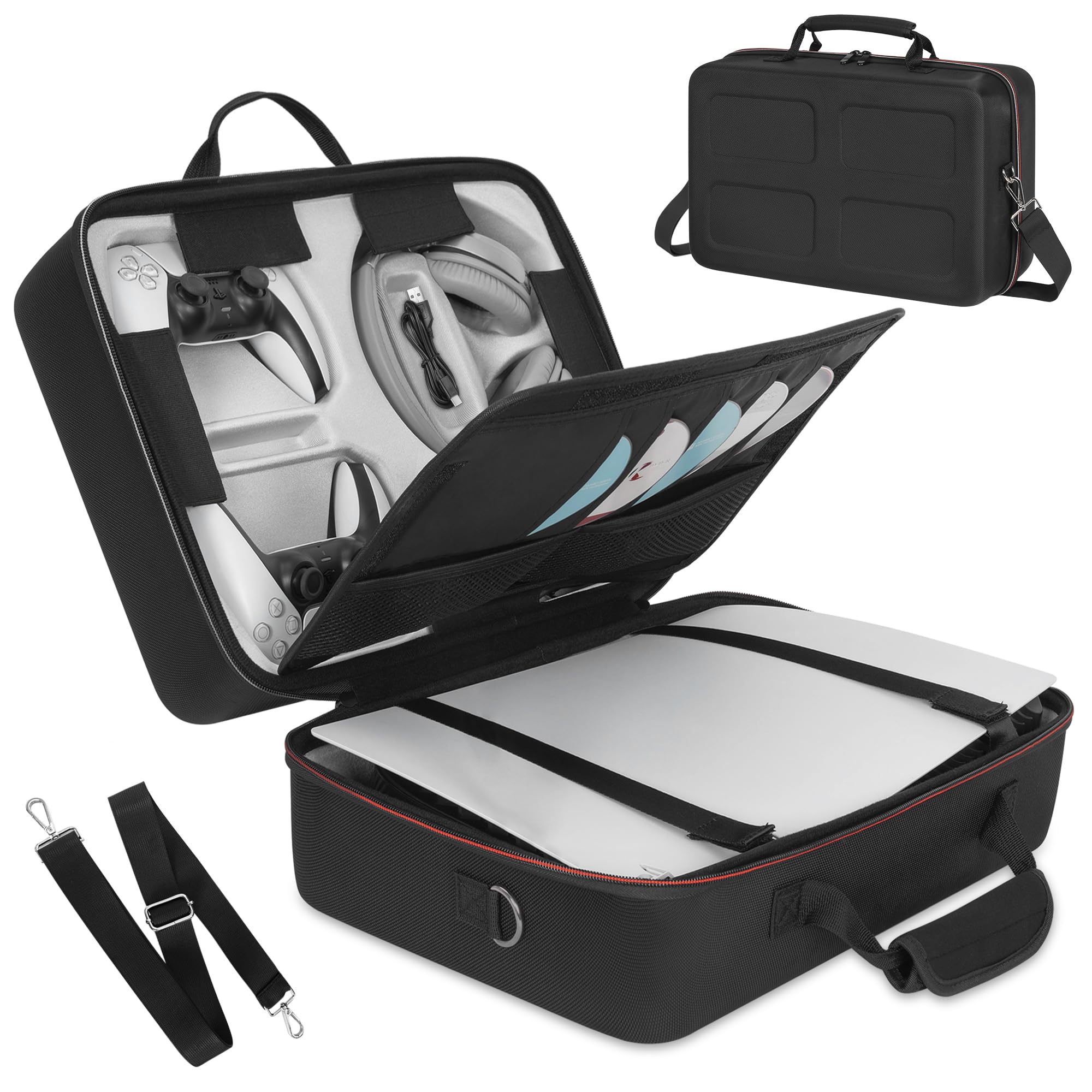 OUUTMEE Custodia da trasporto Applicabile a Play station 5, compatibile con PS5/PS Slim/PS5 Pro, borsa protettiva con tracolla per console Disc/Digital Edition, schede di gioco, HDMI