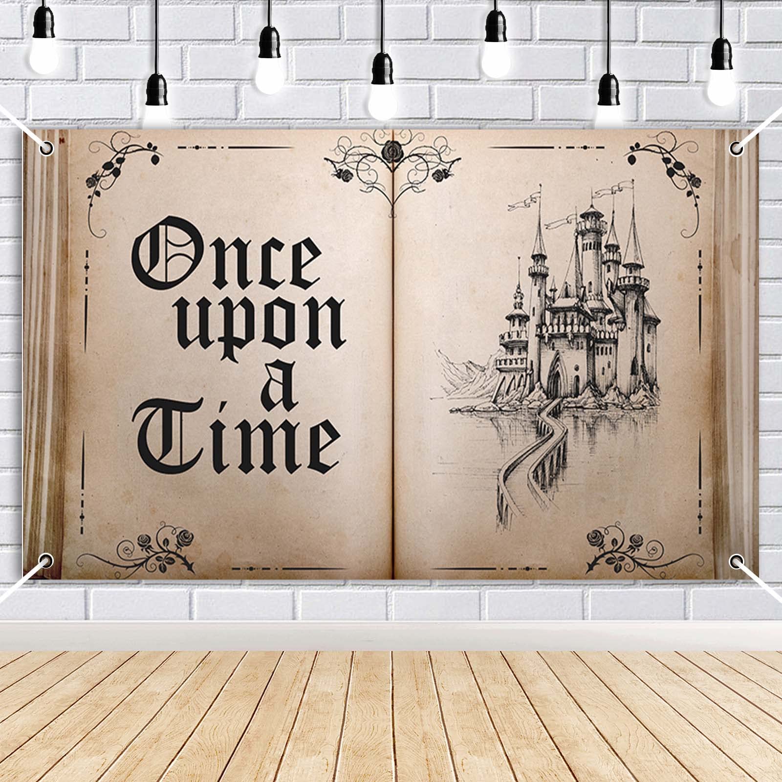 Photo 1 of Fairy Tale Books Banner Once Upon A Time Backdrop Fairy Party Decorations Ancient Castle Princess Romantic Photography Props Wedding Birthday Party Supplies,70.8 x 43.3 Inch