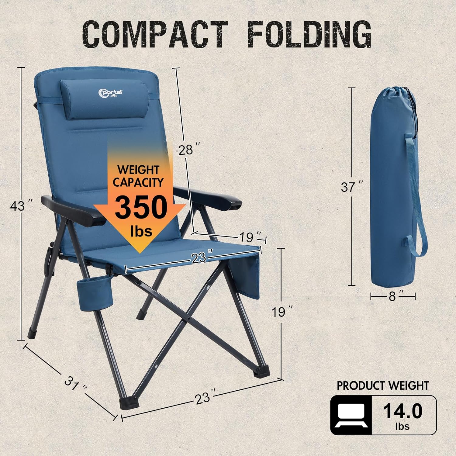 Portal Reclining Camping Chair with Adjustable Back Folding Camp Recliner for Adults Portable High Back Oversized, 350LBS (Blue) - Image 2