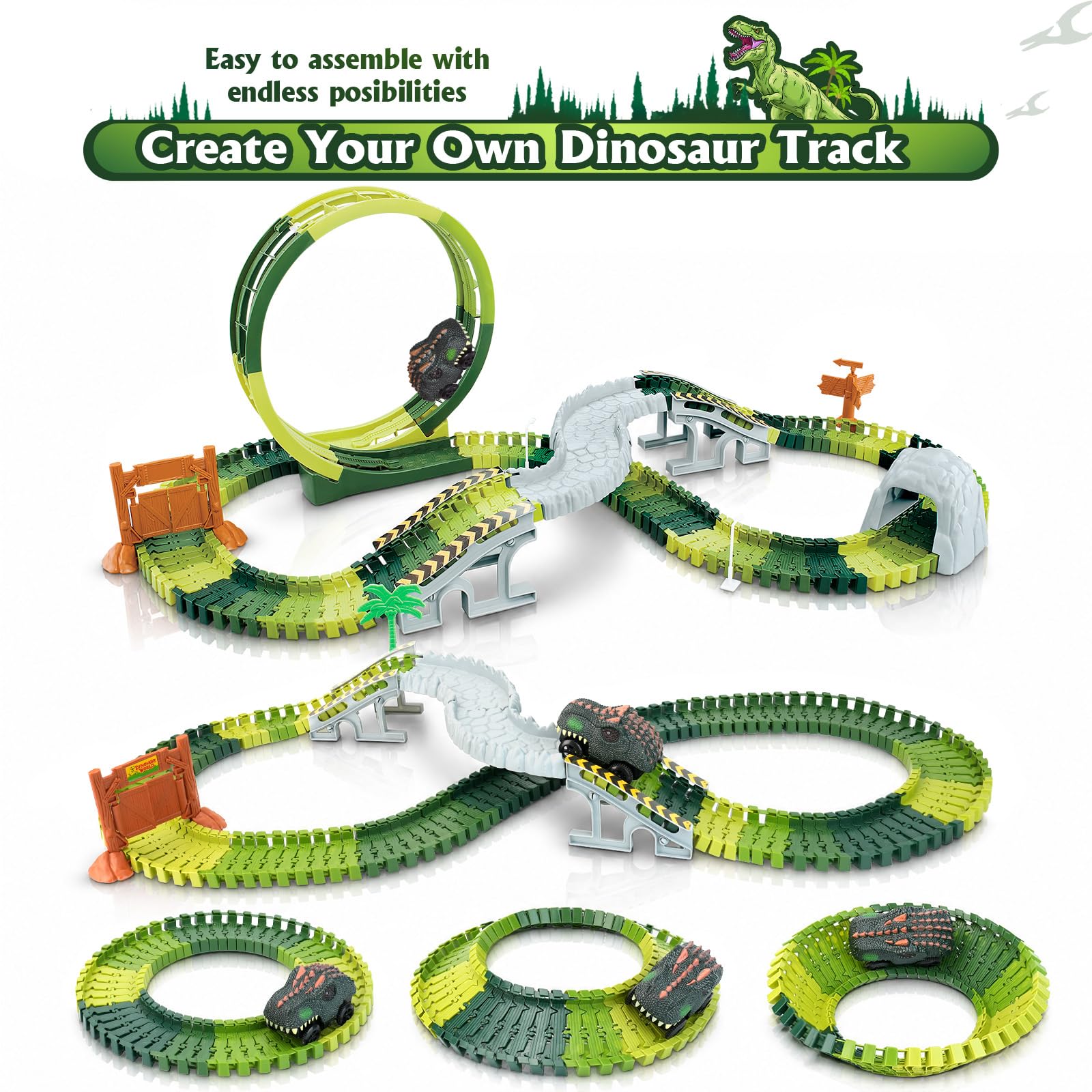 Dinozaury tor samochodowy dla dzieci w wieku od 3, 4, 5, 6 lat, dinozaury, zestaw zabawek dla dzieci, autostrada, pociąg z 2 samochodami, elektryczny tor wyścigowy 360 pętli, tor wyścigowy