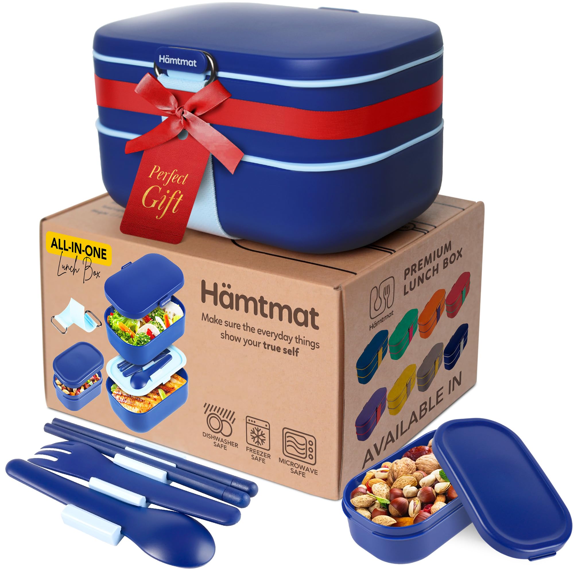 HÄMTMAT Adult Bento Box Lunch Container with Compartments for Work & Meal Prep, Set of Utensil & Chopsticks, Microwave & Dishwasher Safe, Leakproof Reusable Japanese Food Storage