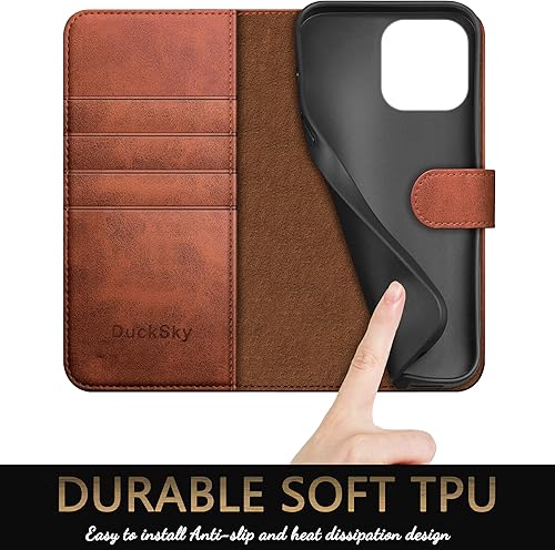 Miniatura 6 de Funda tipo cartera de piel auténtica para iPhone 13 Pro de 6.1 pulgadas. Bloqueo RFID. 4 tarjeteros de crédito. Cuero auténtico. Funda protectora