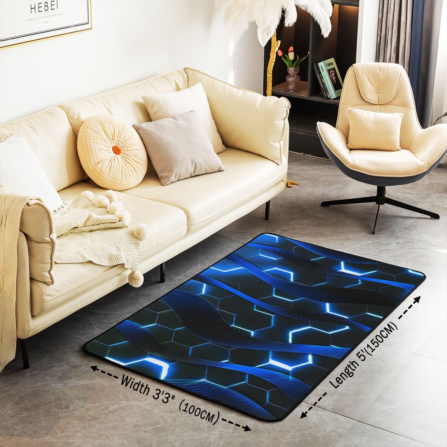 Homewish Tapis 100x150 Géométrique Nid d'abeille Bleu, Tapis Salon Géométrique À Rayures,Tapis d'intérieur Géométrique Lumières Néon Ombrées pour Chambre À Coucher, Tapis Décoratif Moderne Abstrait