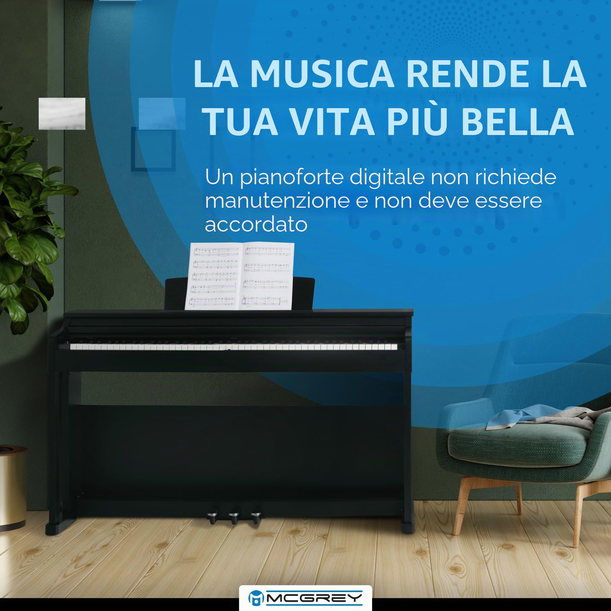 McGrey DP-19 SM Pianoforte digitale - 88 tasti pesati con azione a martello e risposta al tocco - 8 suoni - 32 ritmi di accompagnamento - design sottile - Tasteria e 3 pedali - Nero opaco