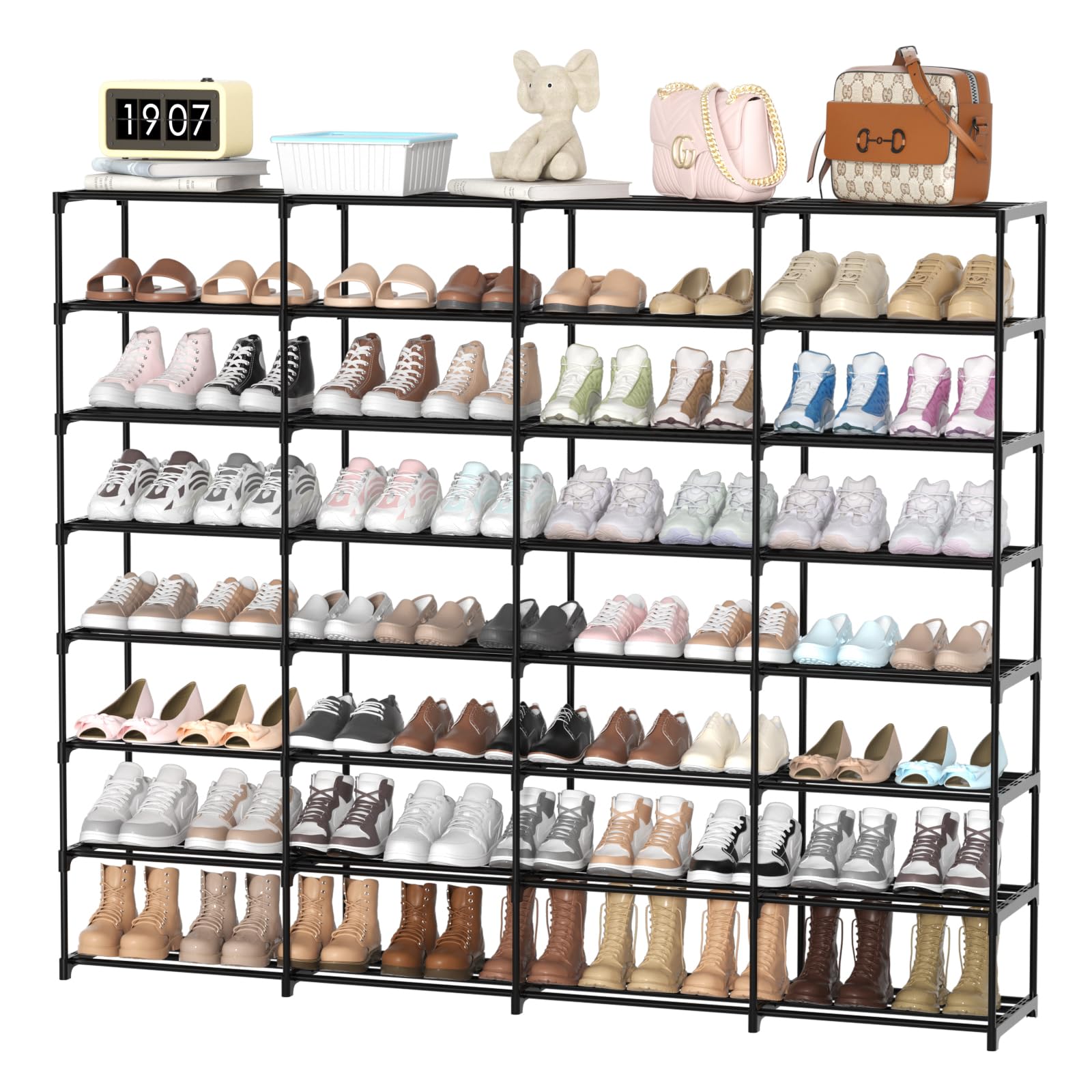 DYJIEKAI Large Shoe Rack Organizer, 4-Row 8-Tier Tall Shoe Storage Shelf for Closet, Entryway, Garage, Metal Free Standing Shoe Holder for 56-64 Pairs